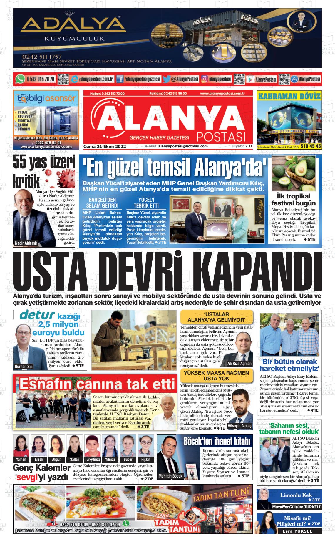 21 Ekim 2022 Alanya Postası Gazete Manşeti