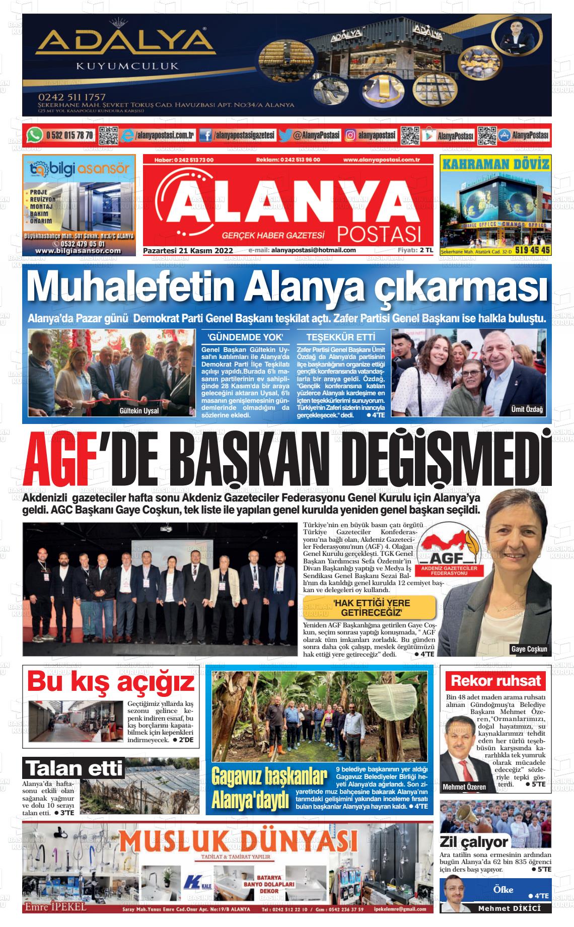 21 Kasım 2022 Alanya Postası Gazete Manşeti