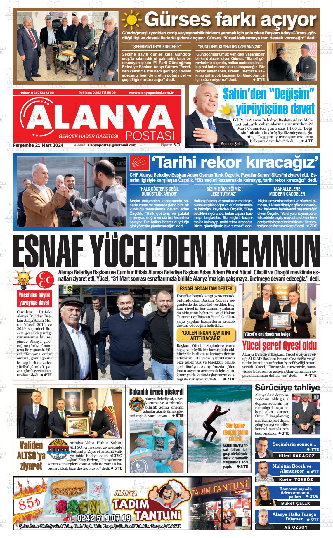 21 Mart 2024 Alanya Postası Gazete Manşeti