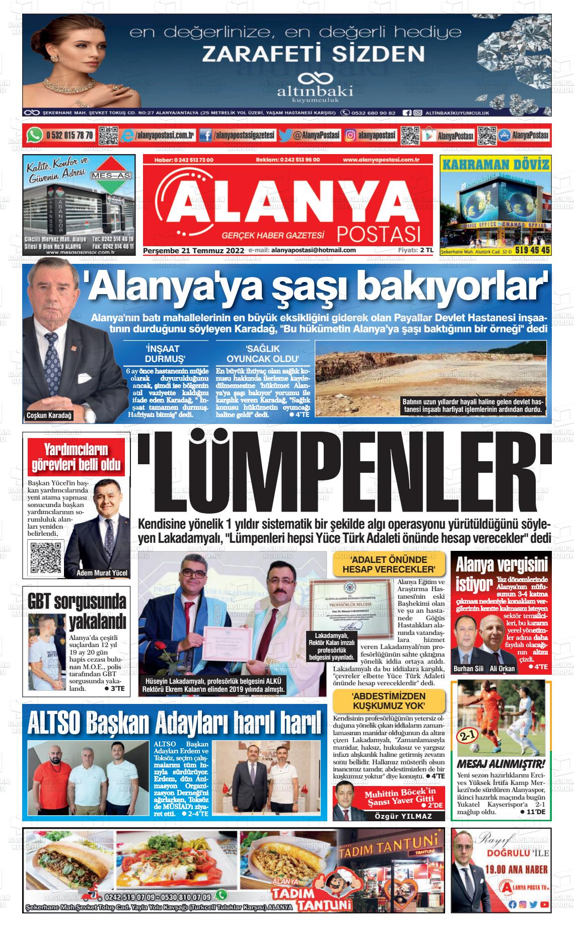 21 Temmuz 2022 Alanya Postası Gazete Manşeti