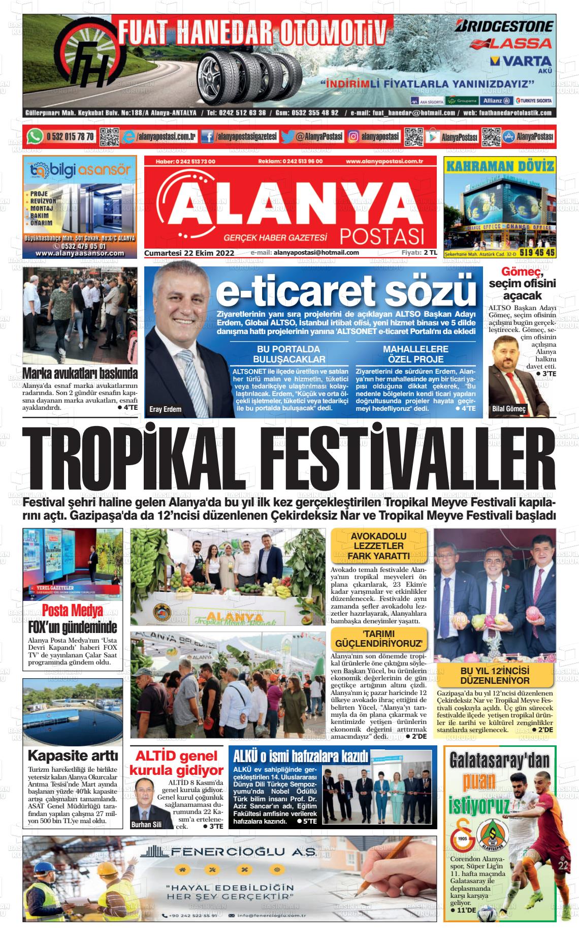 22 Ekim 2022 Alanya Postası Gazete Manşeti