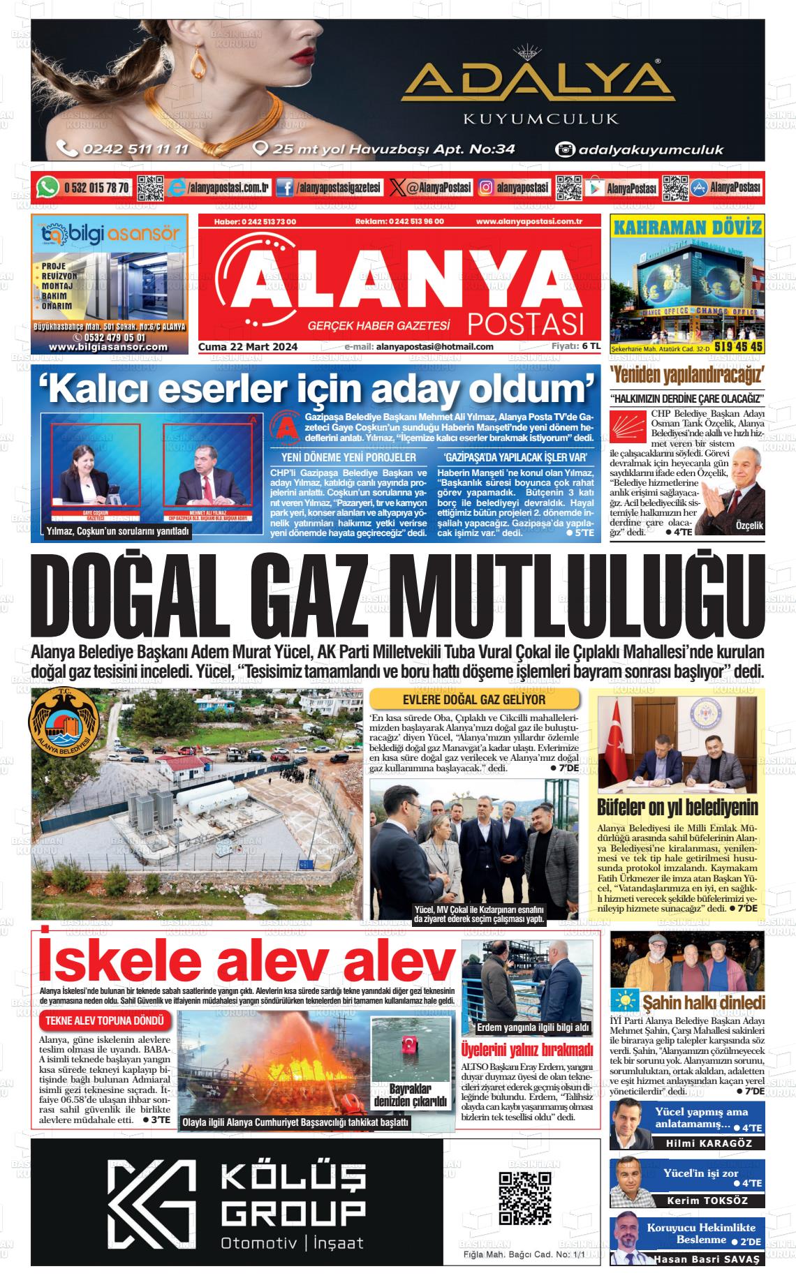 22 Mart 2024 Alanya Postası Gazete Manşeti