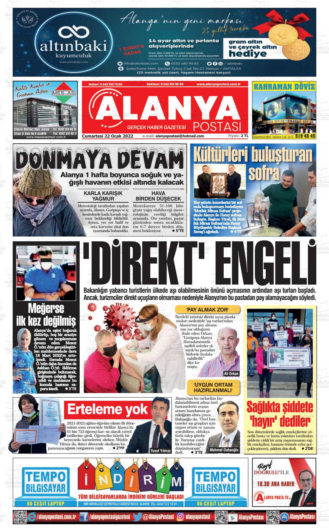 22 Ocak 2022 Alanya Postası Gazete Manşeti