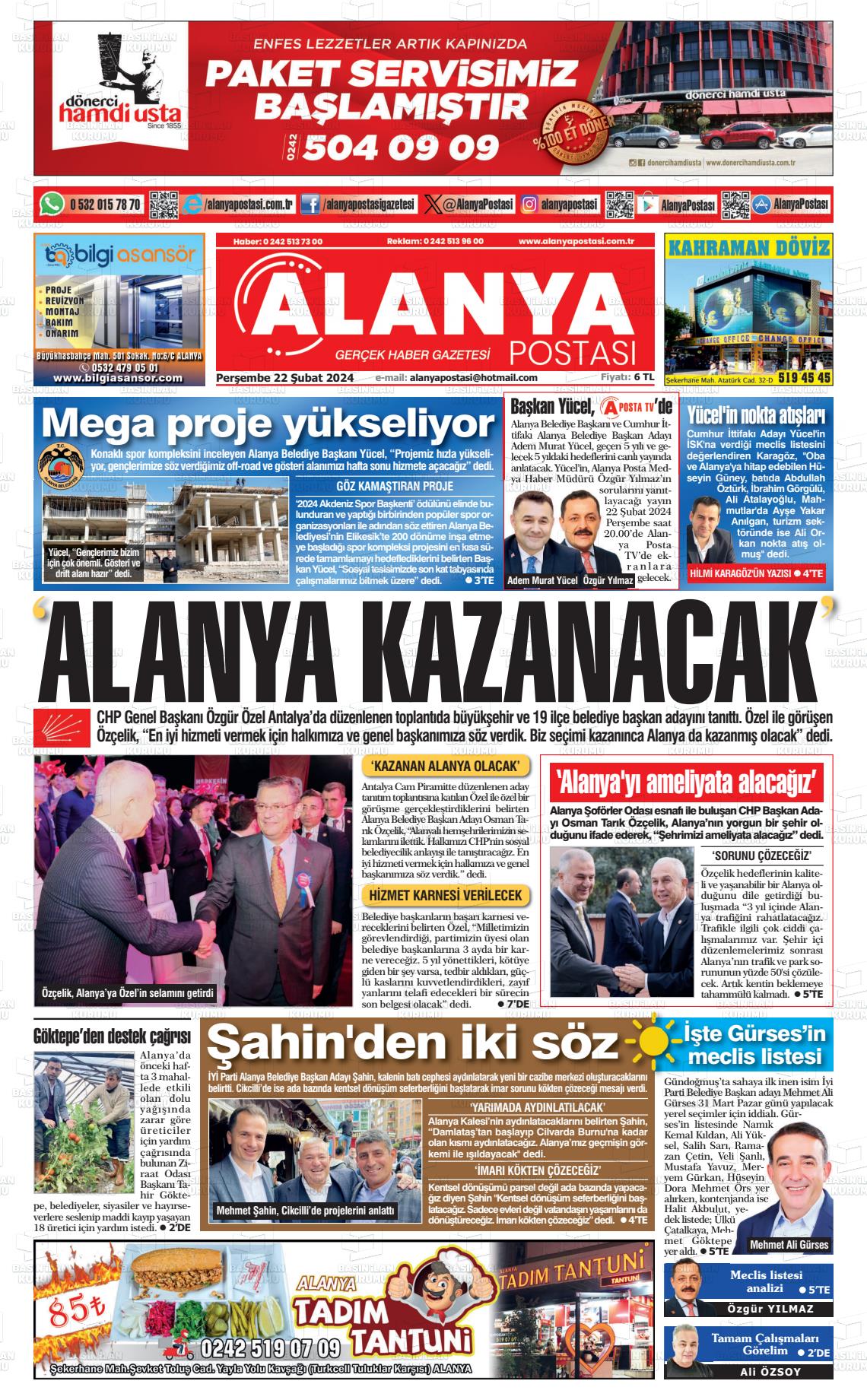 22 Şubat 2024 Alanya Postası Gazete Manşeti