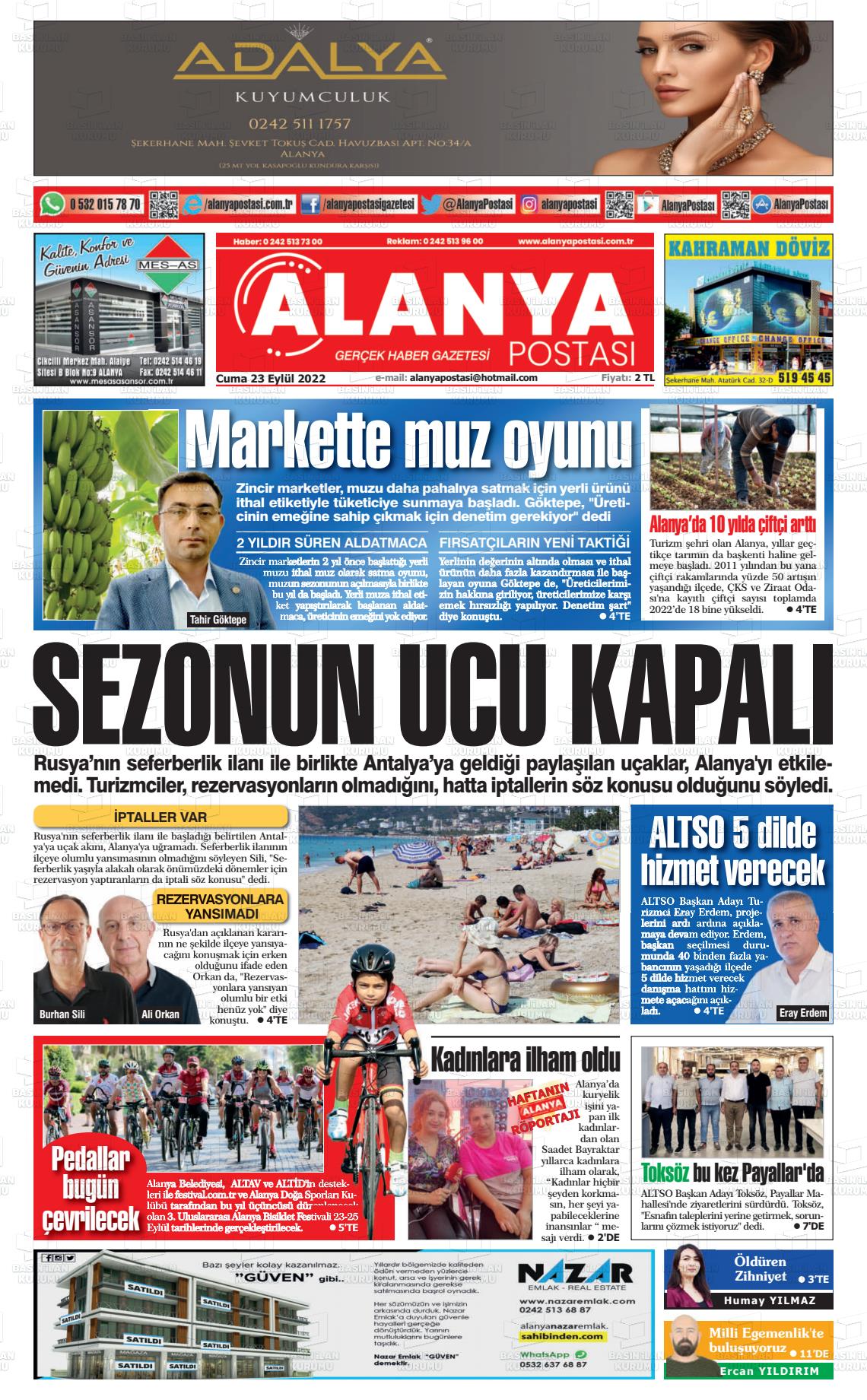 23 Eylül 2022 Alanya Postası Gazete Manşeti