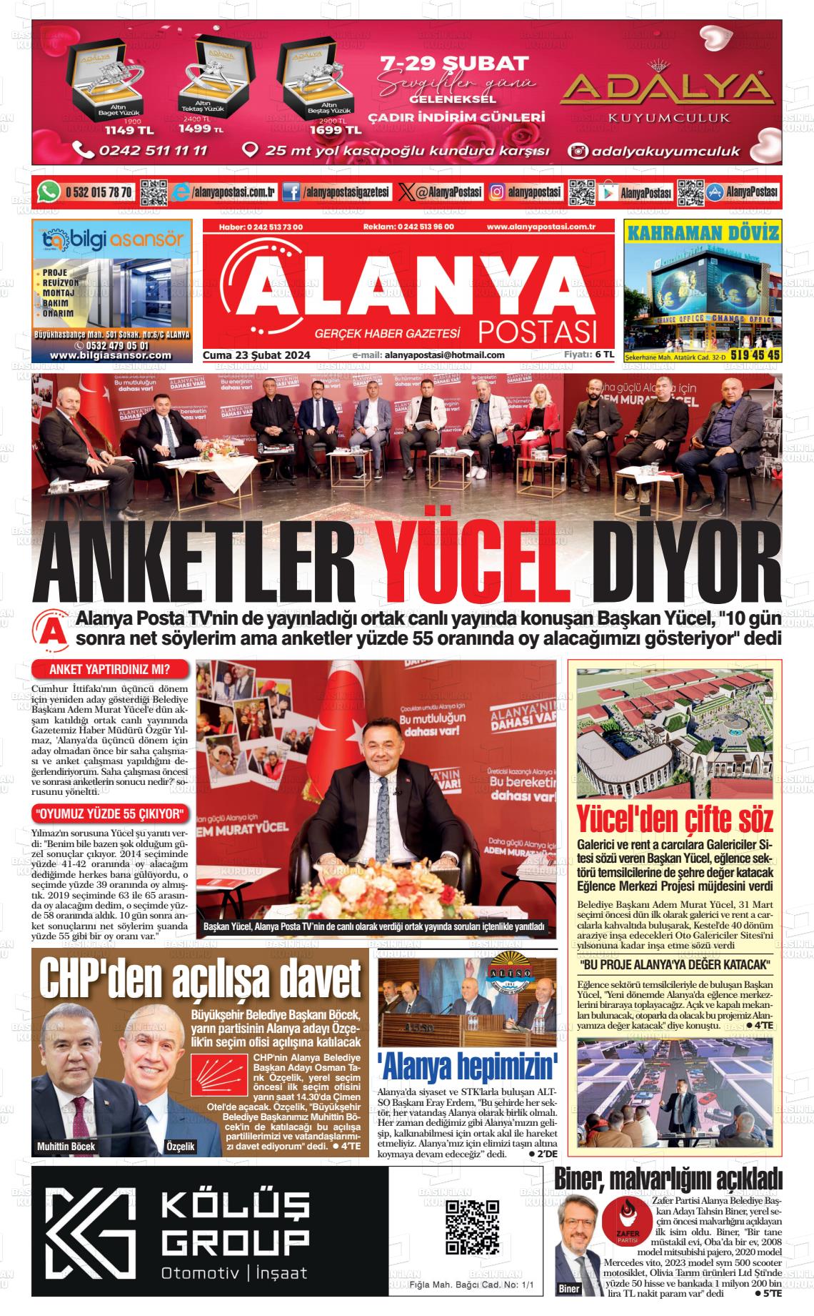 23 Şubat 2024 Alanya Postası Gazete Manşeti