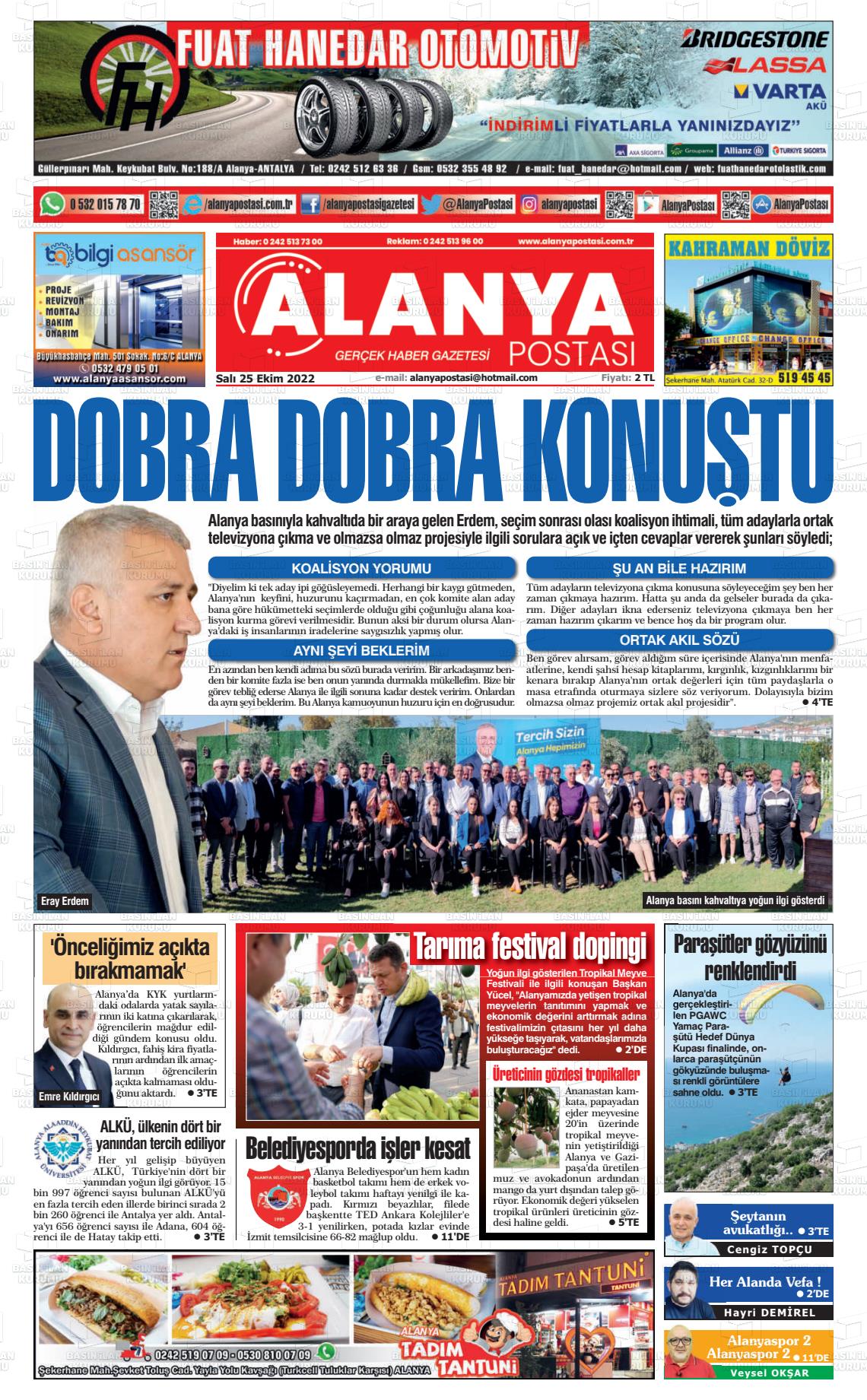 25 Ekim 2022 Alanya Postası Gazete Manşeti