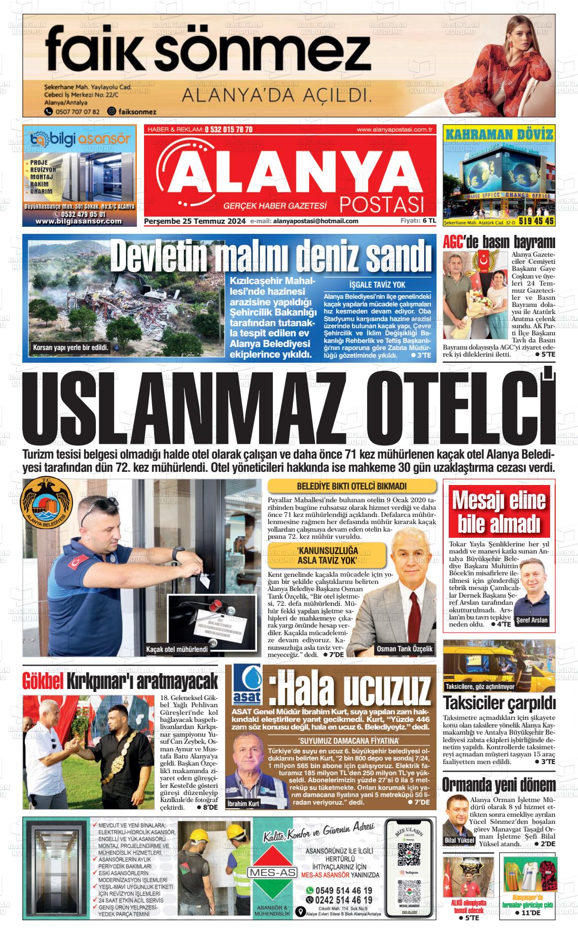 25 Temmuz 2024 Alanya Postası Gazete Manşeti