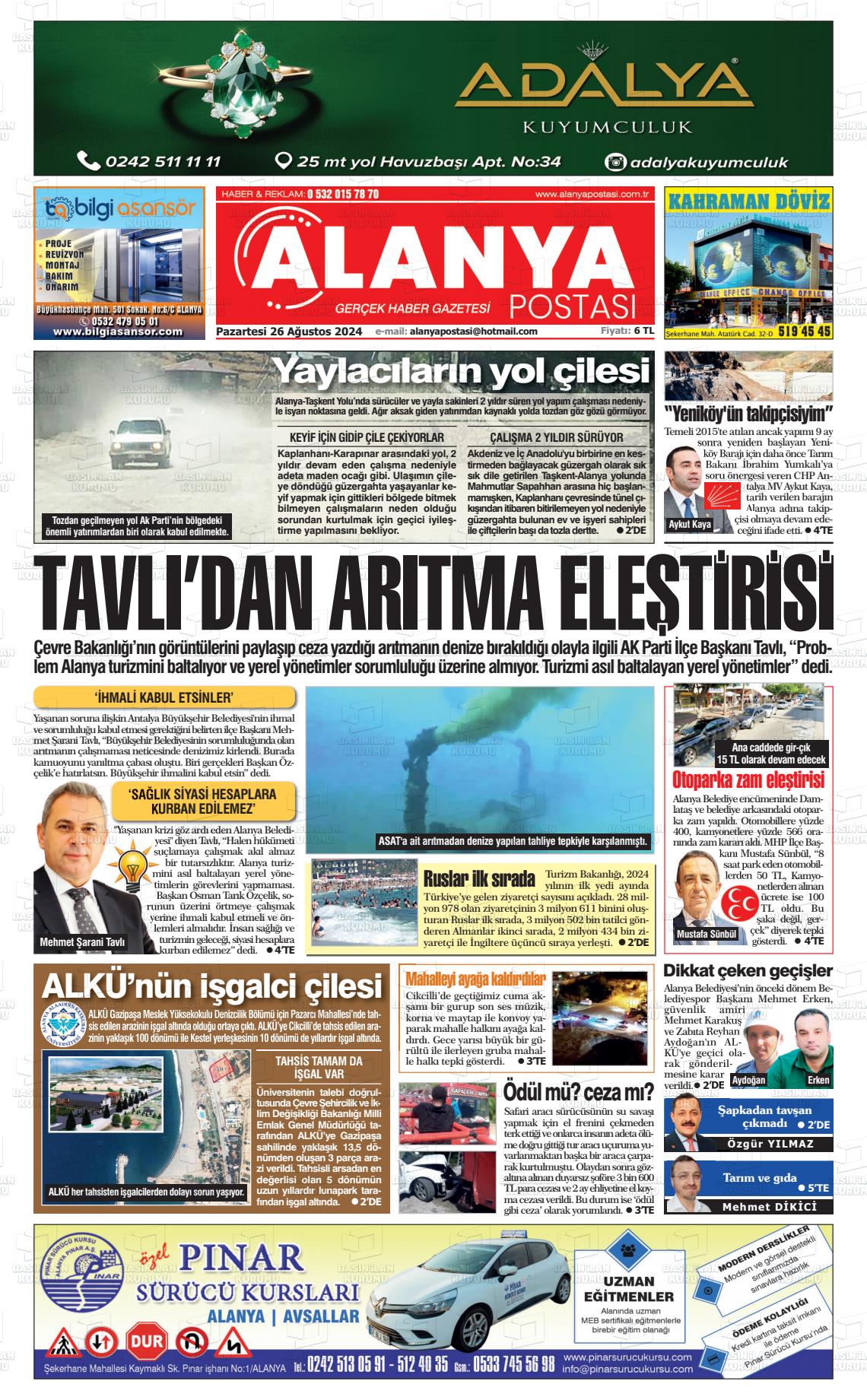 26 Ağustos 2024 Alanya Postası Gazete Manşeti