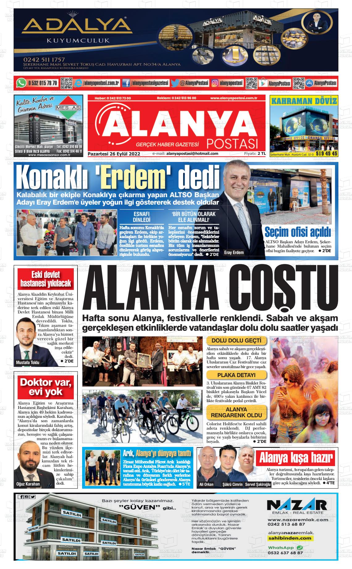 26 Eylül 2022 Alanya Postası Gazete Manşeti