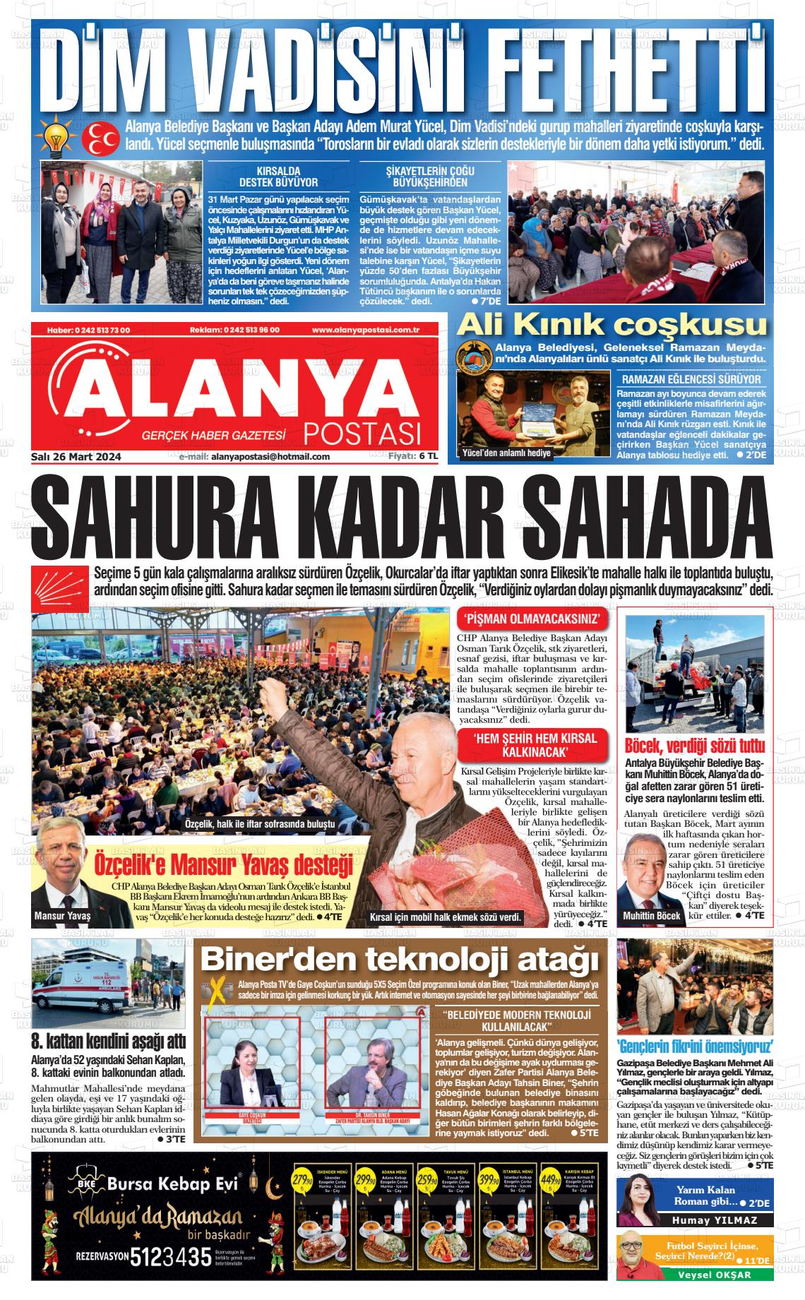 26 Mart 2024 Alanya Postası Gazete Manşeti