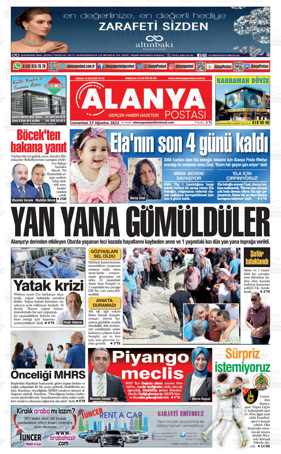 27 Ağustos 2022 Alanya Postası Gazete Manşeti