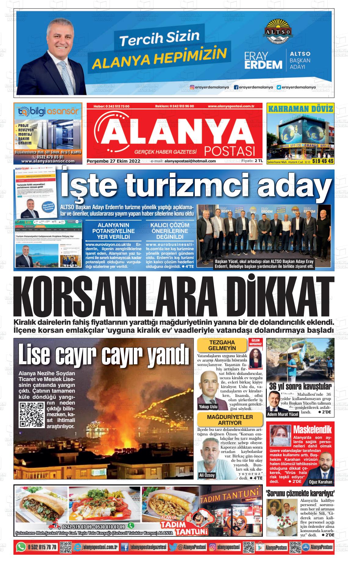 27 Ekim 2022 Alanya Postası Gazete Manşeti