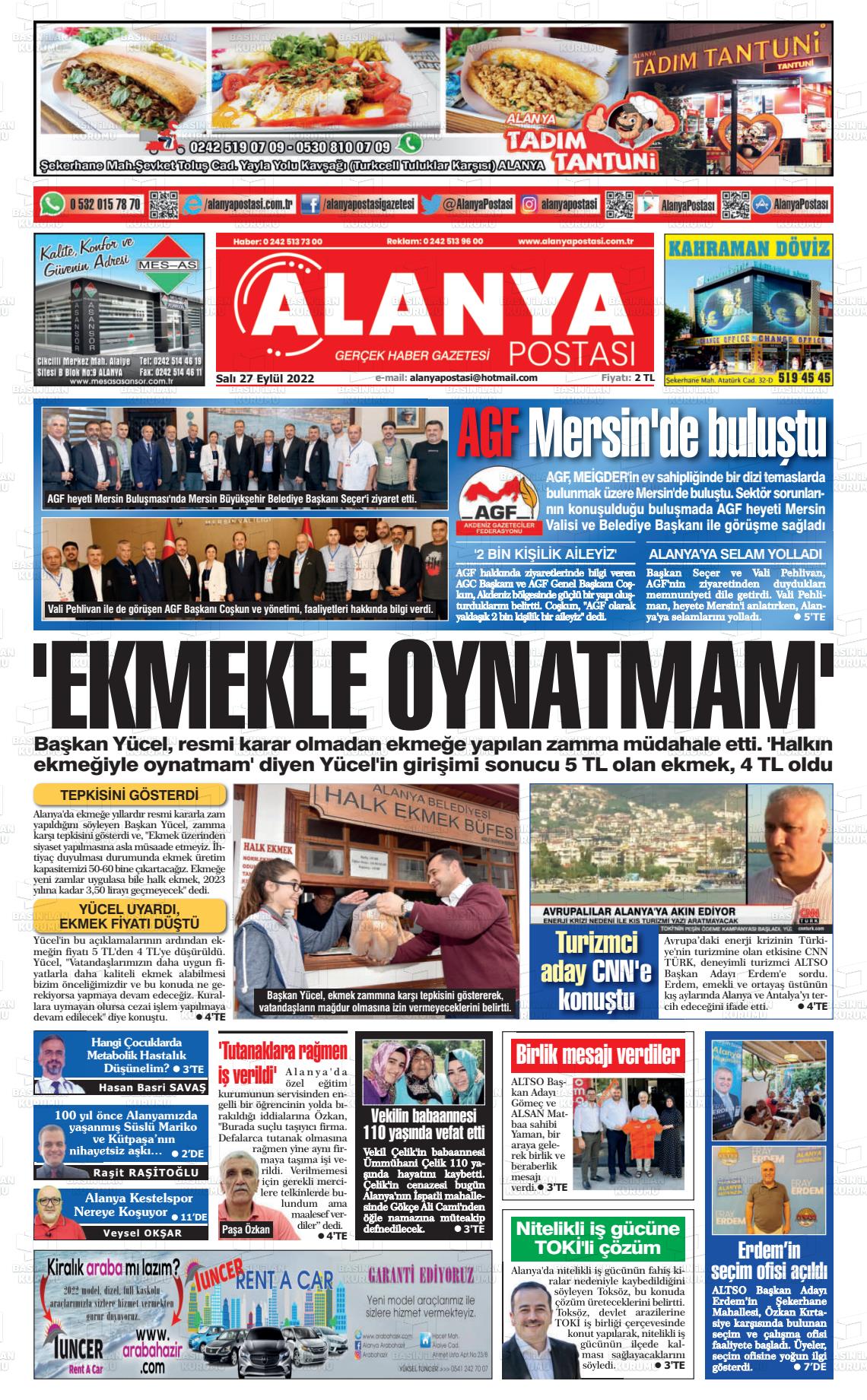 27 Eylül 2022 Alanya Postası Gazete Manşeti