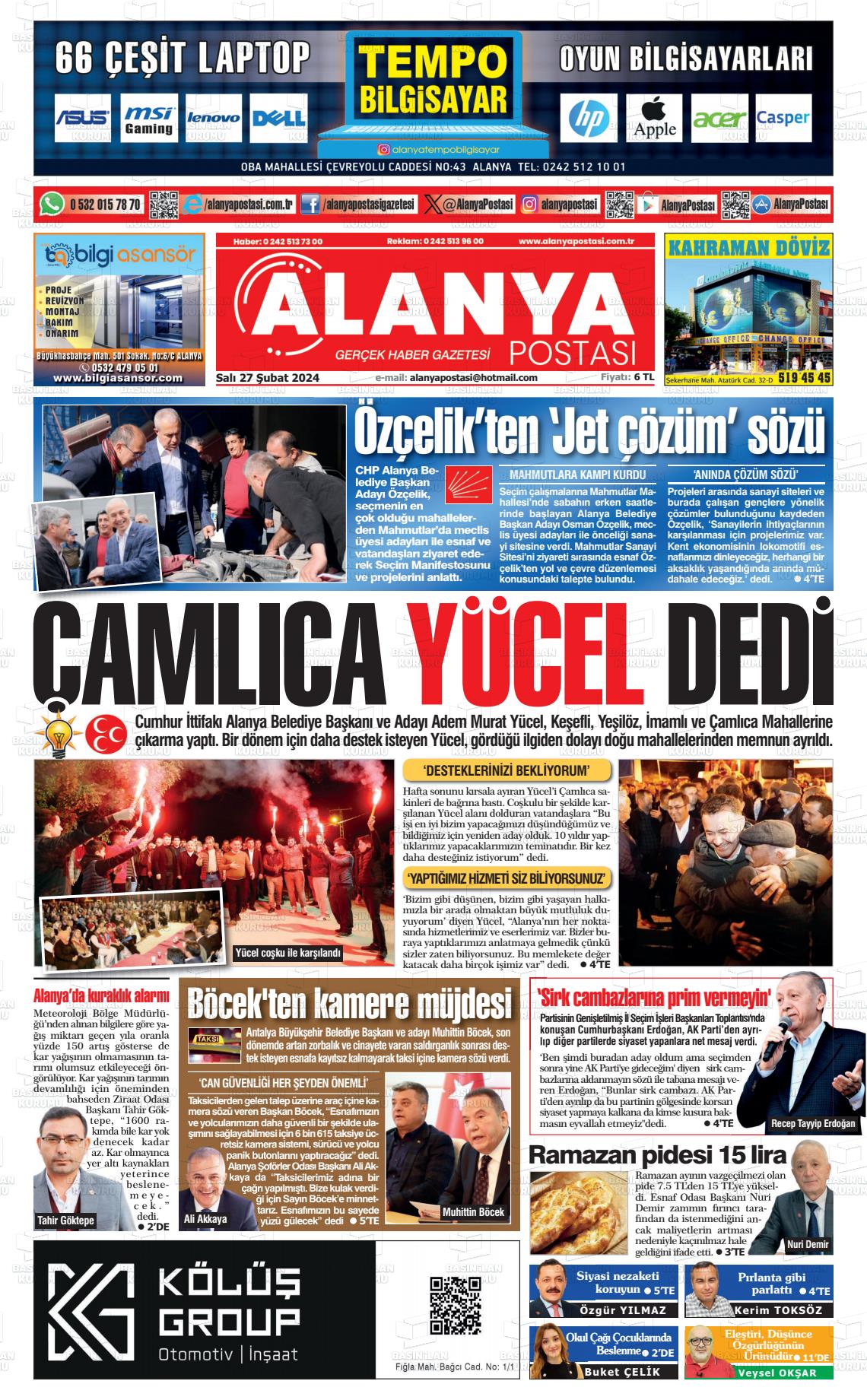 27 Şubat 2024 Alanya Postası Gazete Manşeti