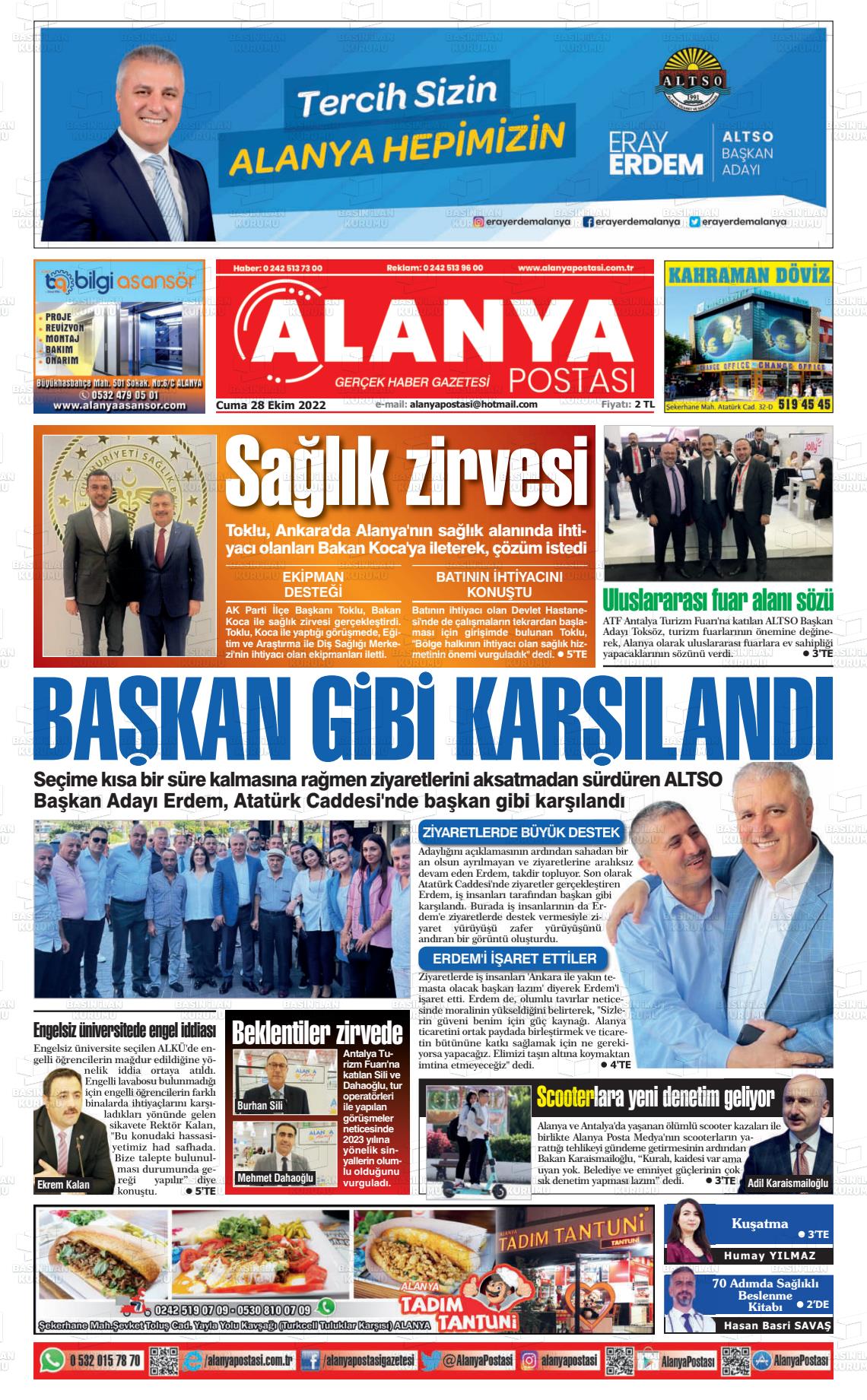 28 Ekim 2022 Alanya Postası Gazete Manşeti