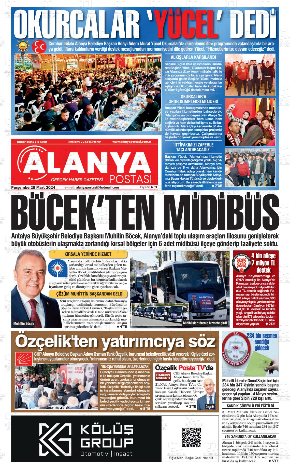 28 Mart 2024 Alanya Postası Gazete Manşeti