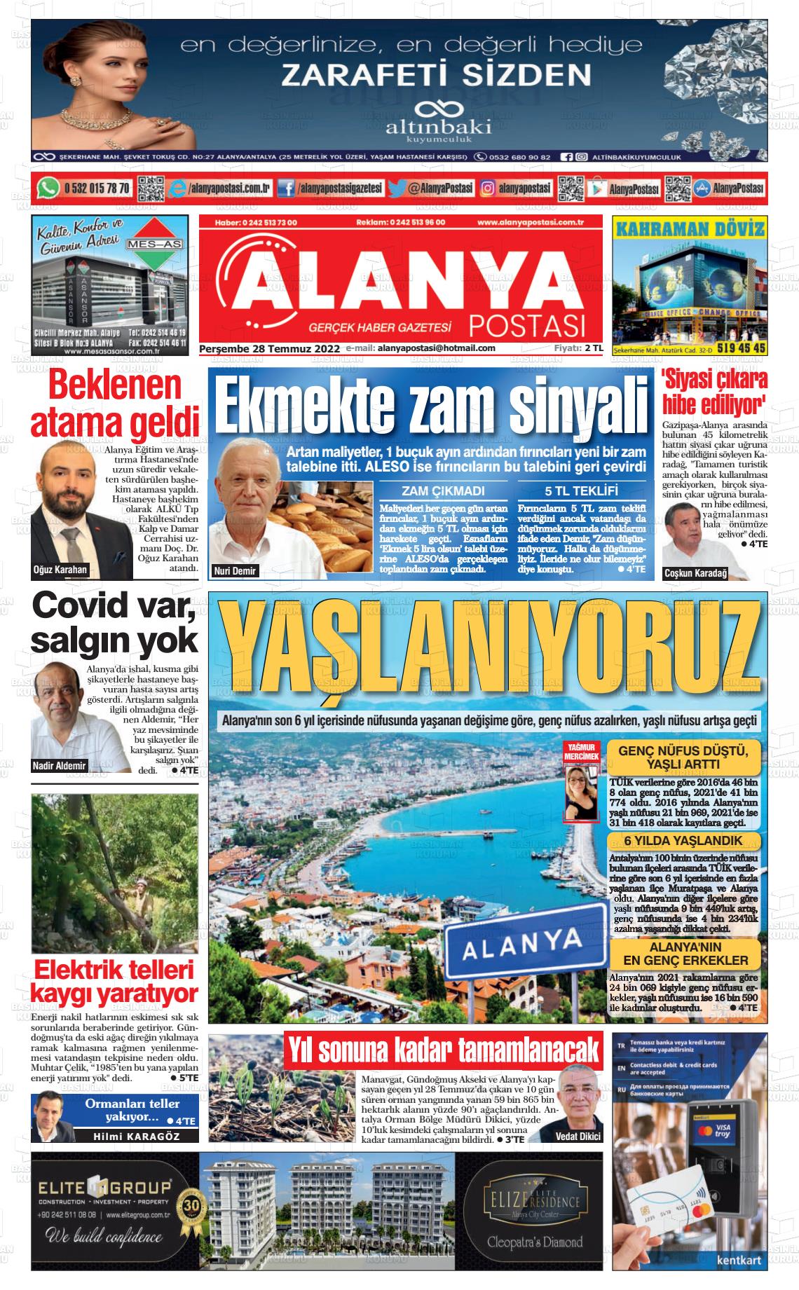 28 Temmuz 2022 Alanya Postası Gazete Manşeti