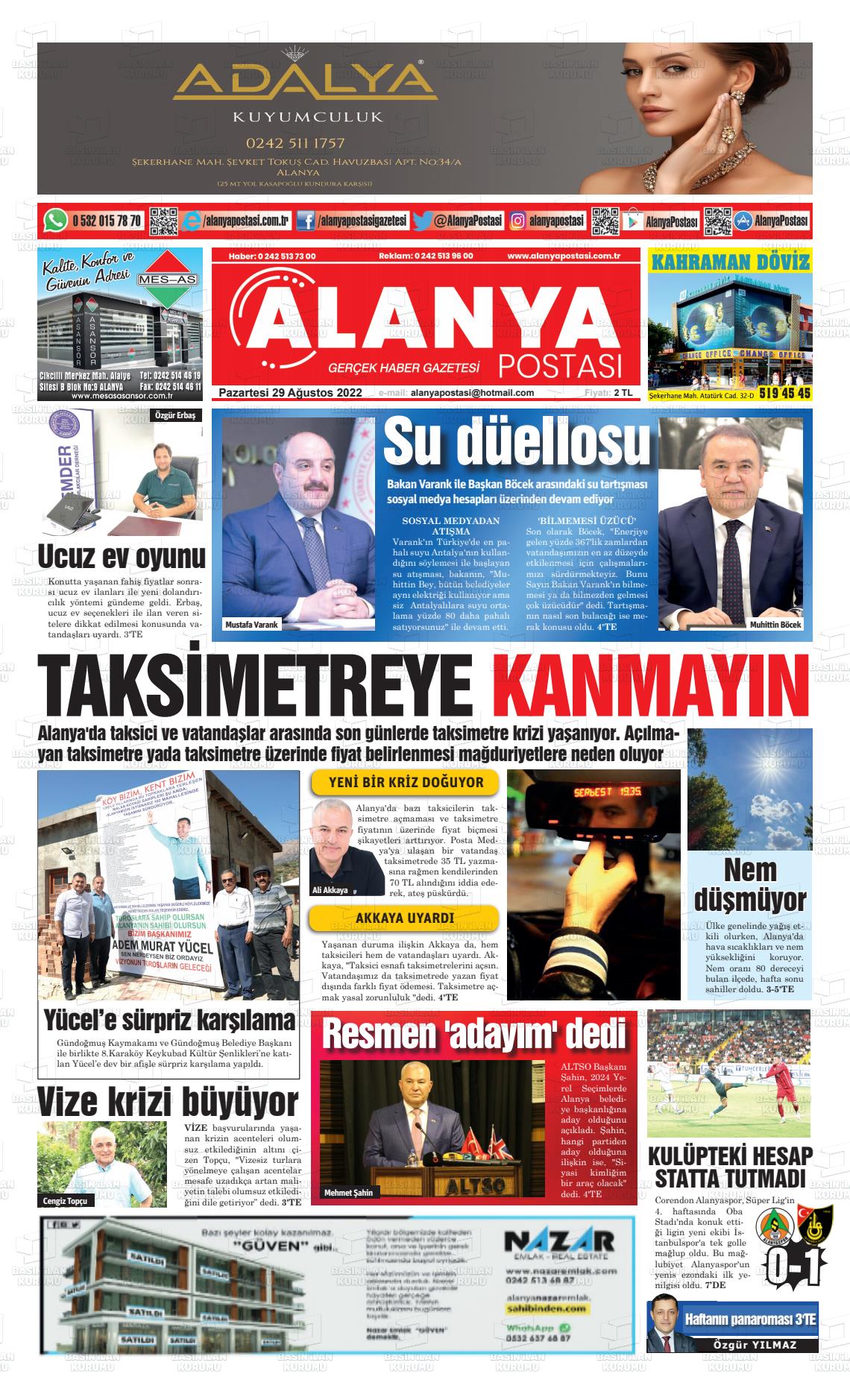 29 Ağustos 2022 Alanya Postası Gazete Manşeti