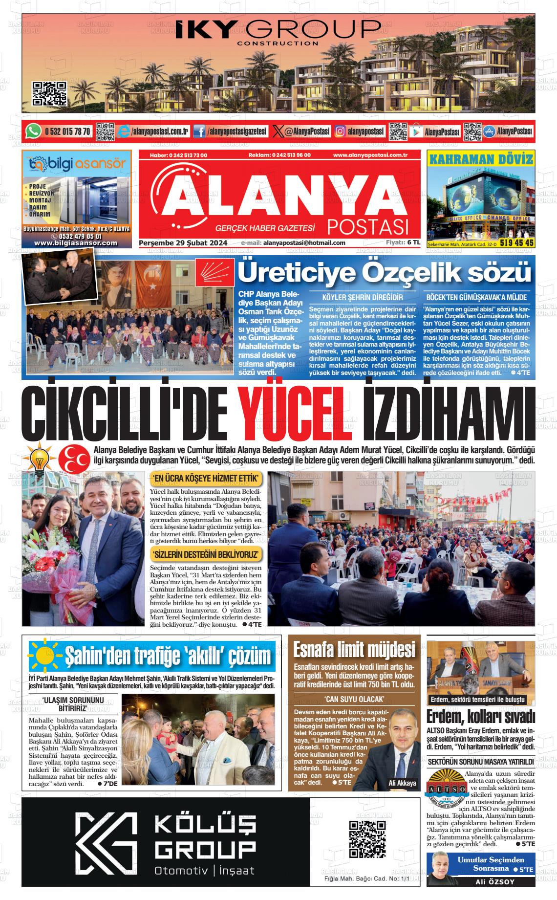 29 Şubat 2024 Alanya Postası Gazete Manşeti