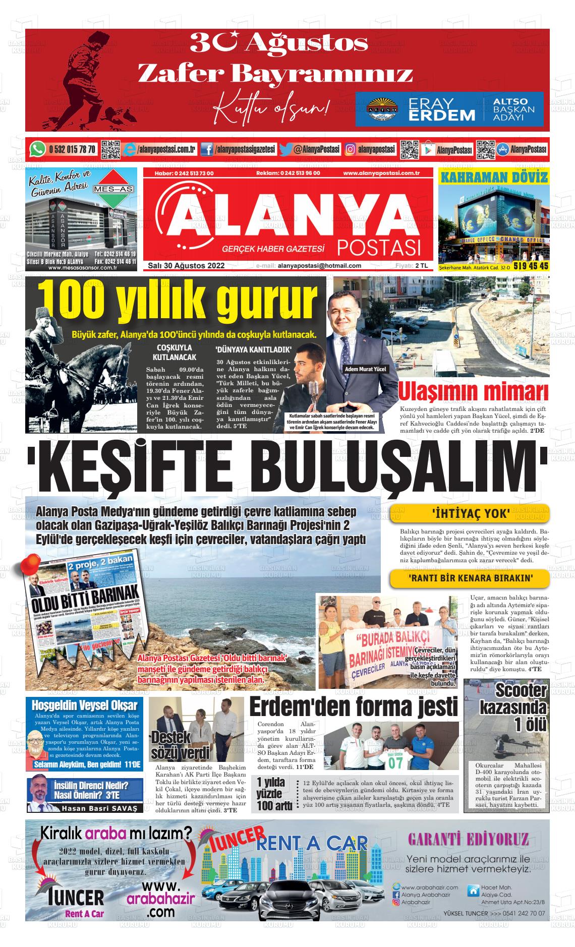 30 Ağustos 2022 Alanya Postası Gazete Manşeti