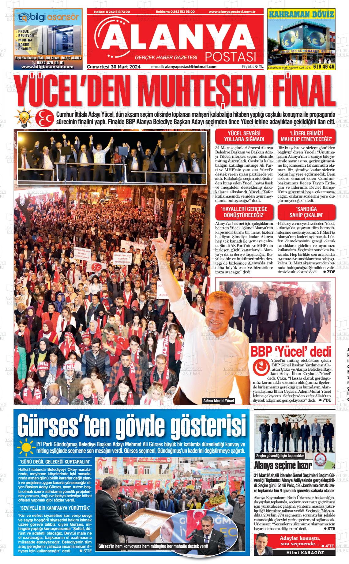 30 Mart 2024 Alanya Postası Gazete Manşeti