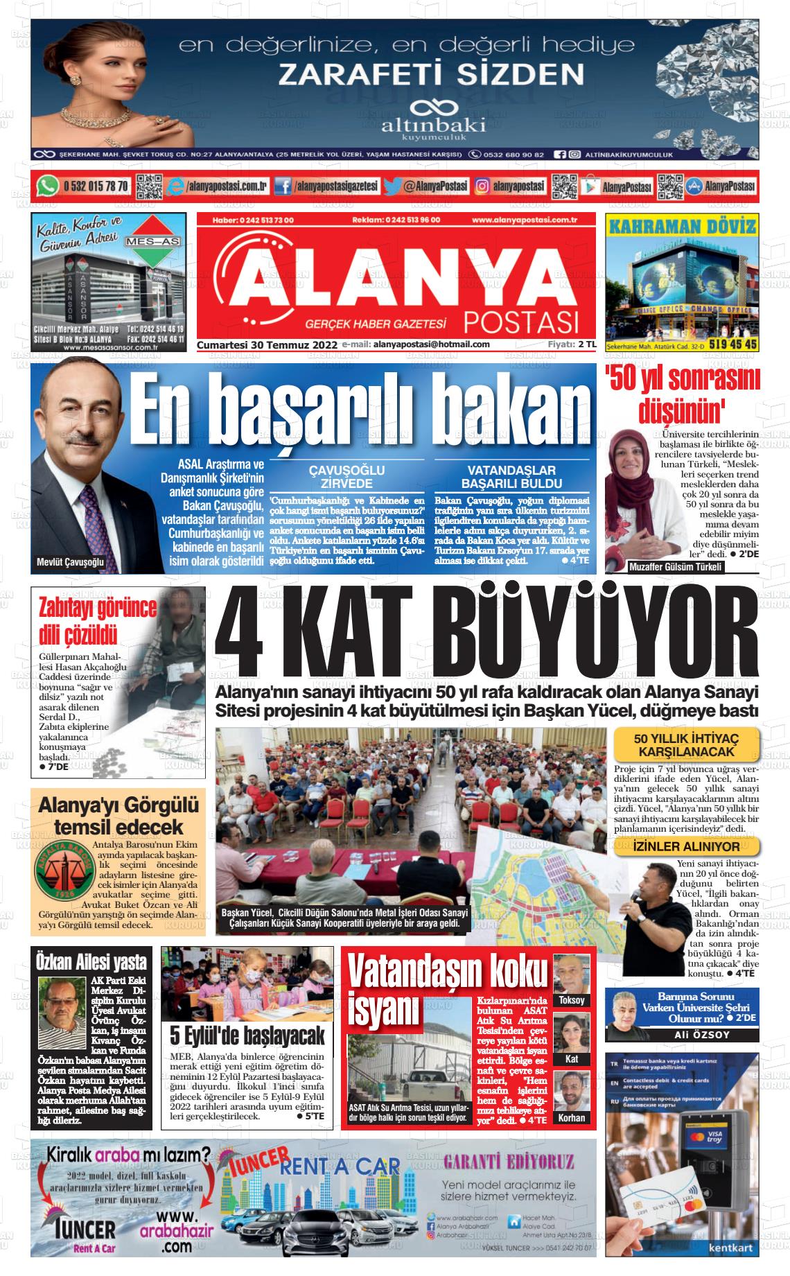 30 Temmuz 2022 Alanya Postası Gazete Manşeti