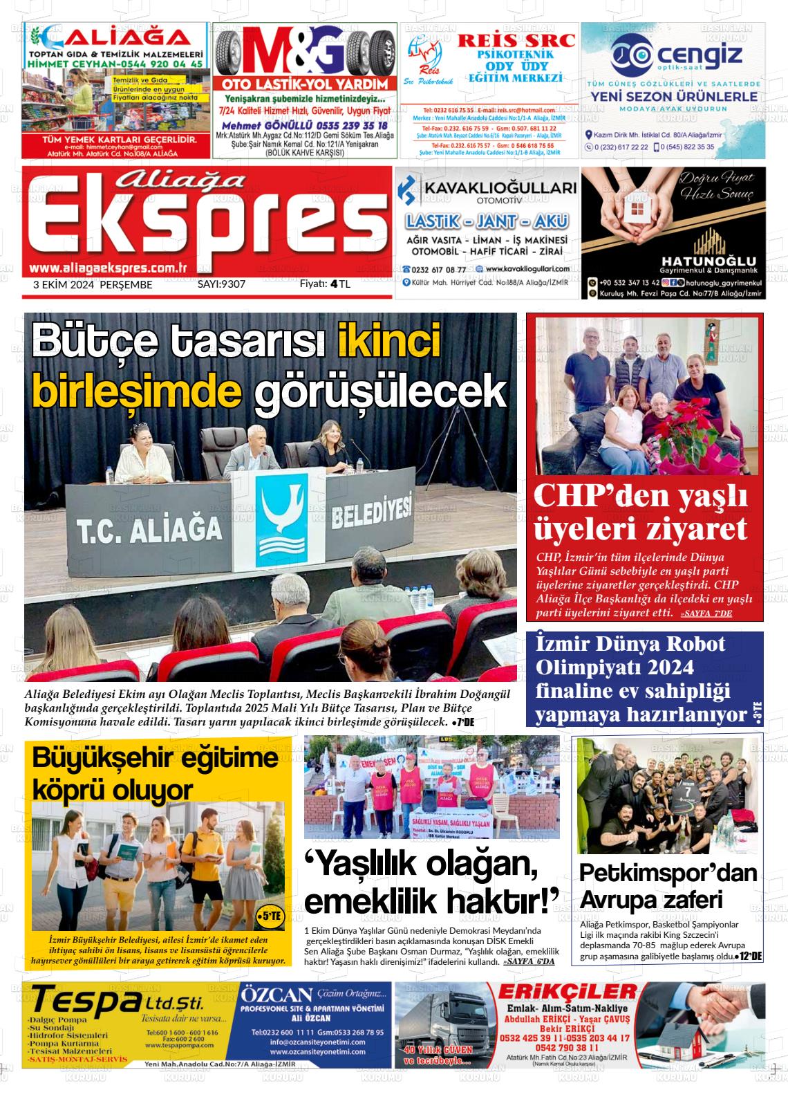 03 Ekim 2024 Aliağa Ekspres Gazete Manşeti