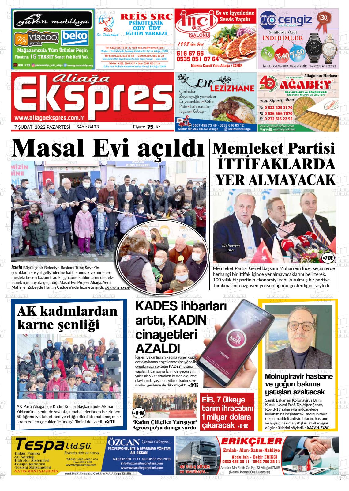 07 Şubat 2022 Aliağa Ekspres Gazete Manşeti