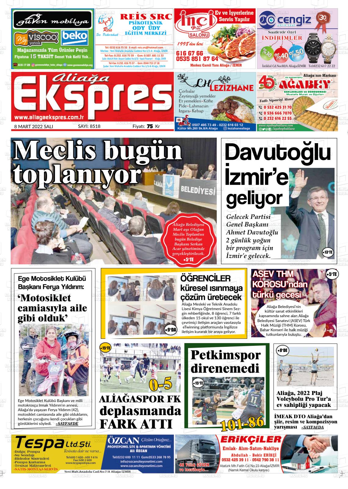 08 Mart 2022 Aliağa Ekspres Gazete Manşeti