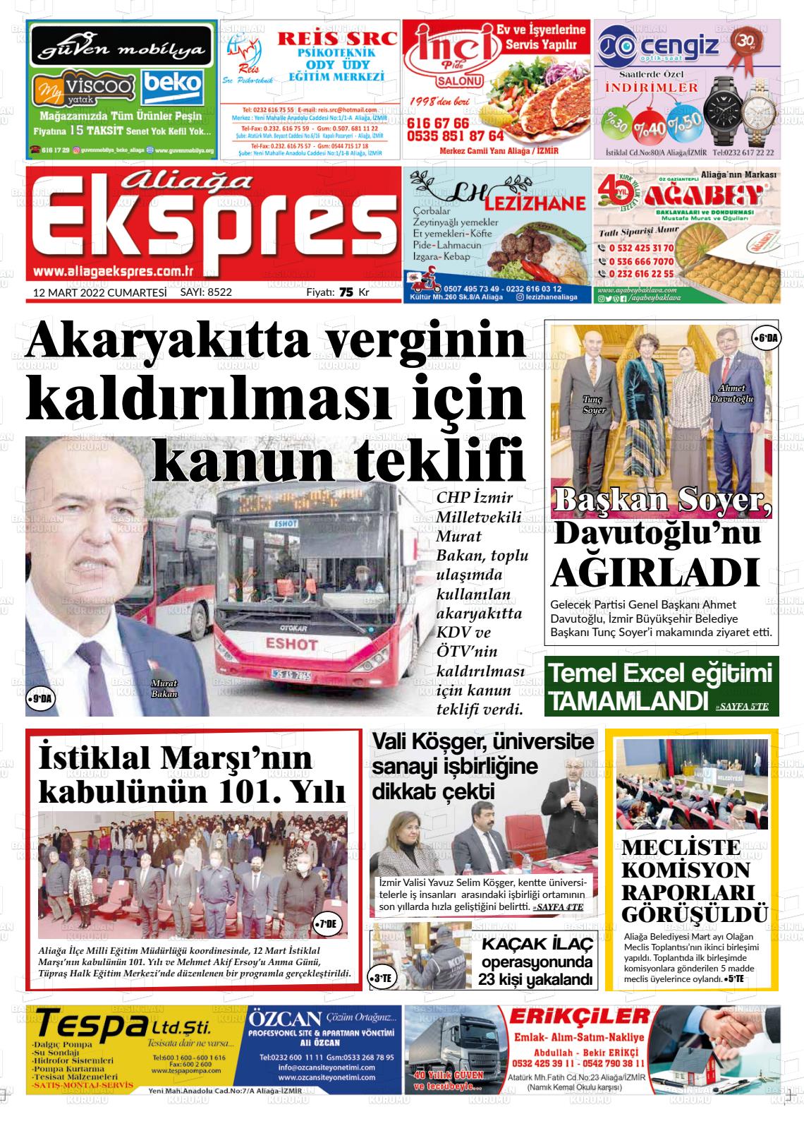 12 Mart 2022 Aliağa Ekspres Gazete Manşeti