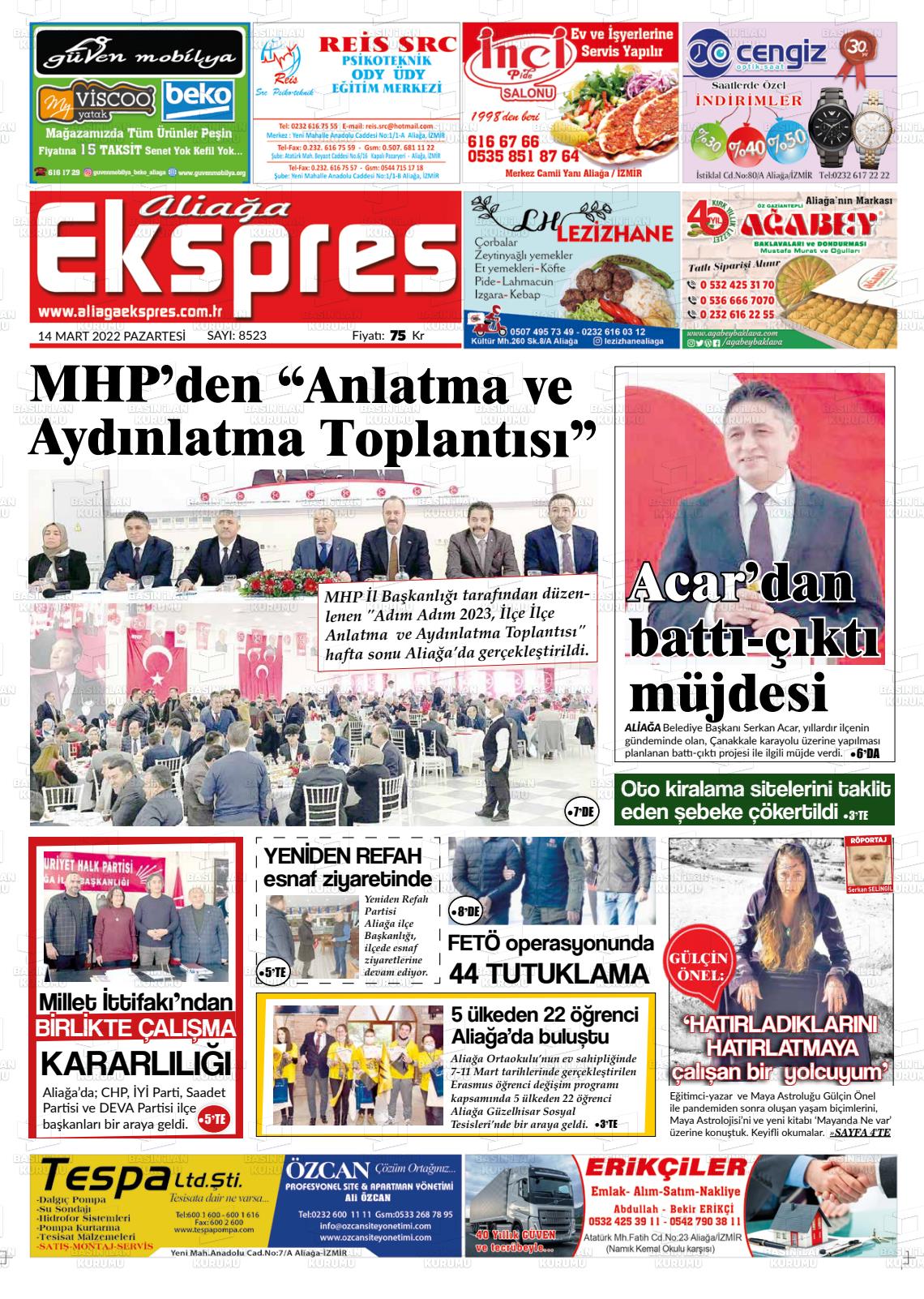 14 Mart 2022 Aliağa Ekspres Gazete Manşeti