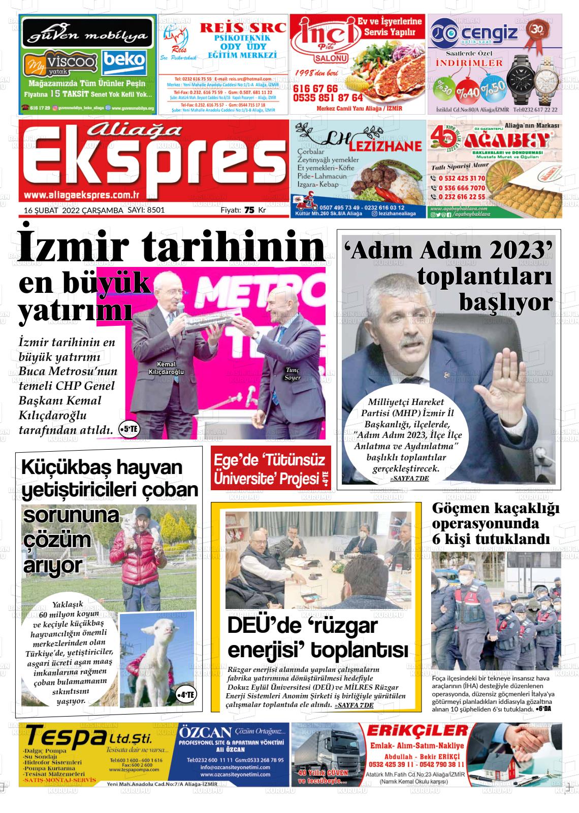 16 Şubat 2022 Aliağa Ekspres Gazete Manşeti