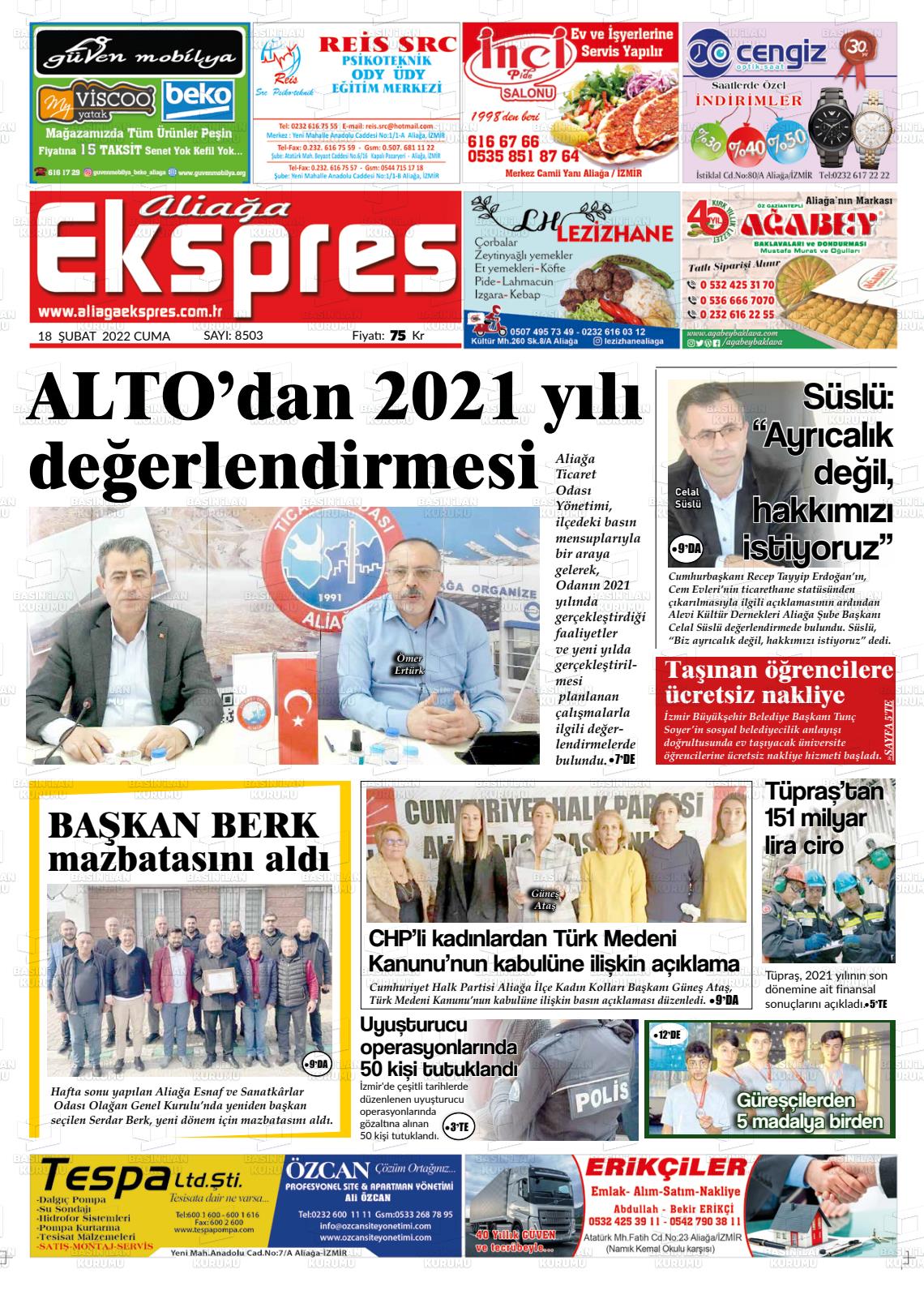 18 Şubat 2022 Aliağa Ekspres Gazete Manşeti