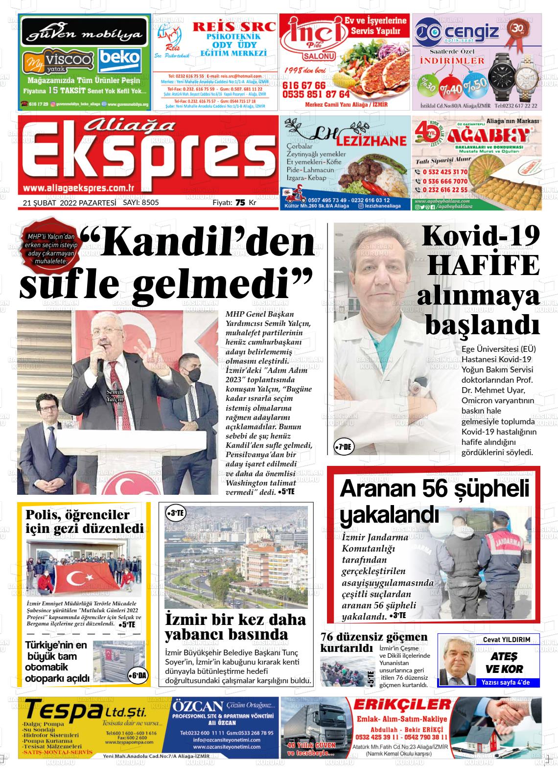 21 Şubat 2022 Aliağa Ekspres Gazete Manşeti