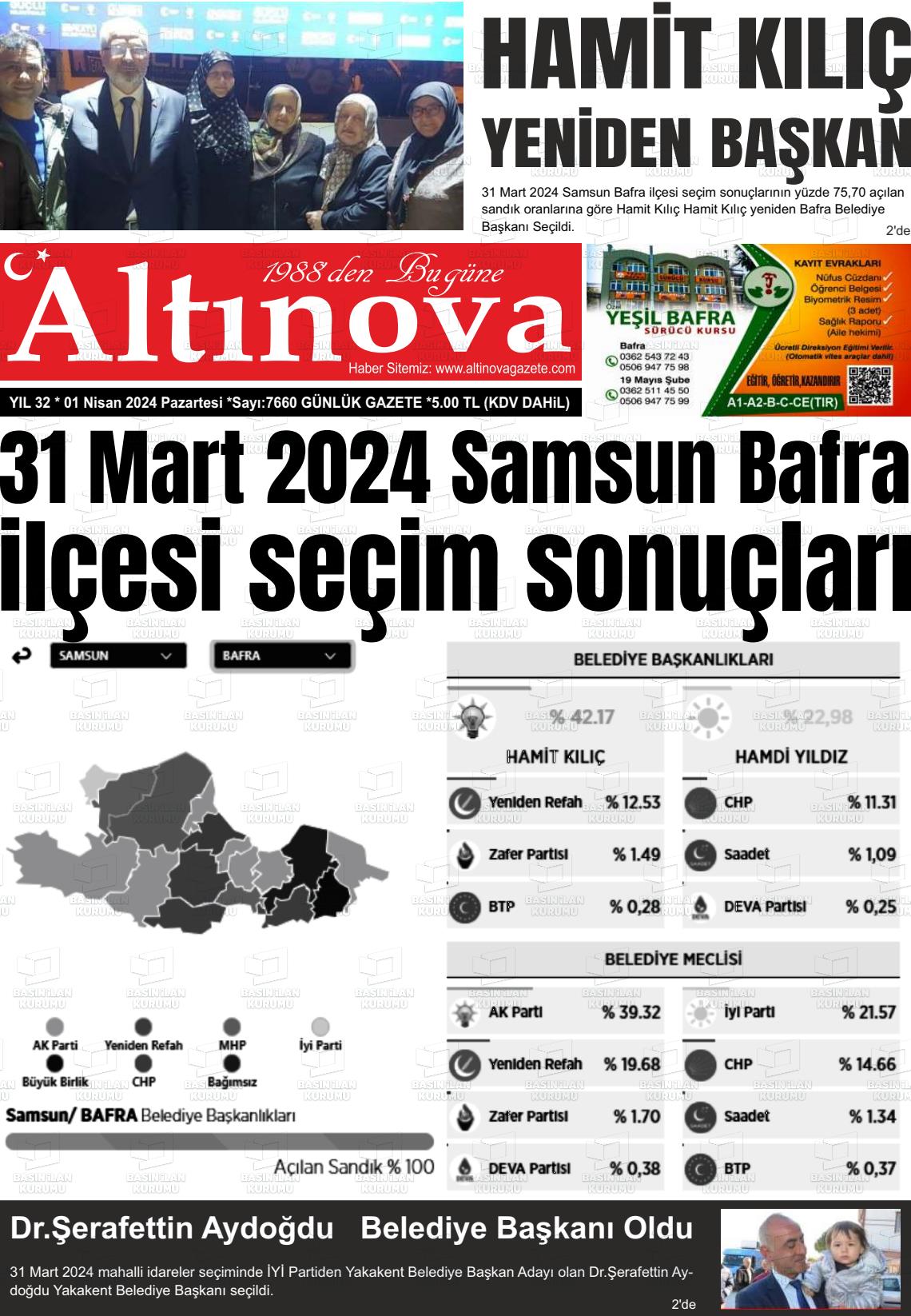 01 Nisan 2024 Altınova Gazete Manşeti