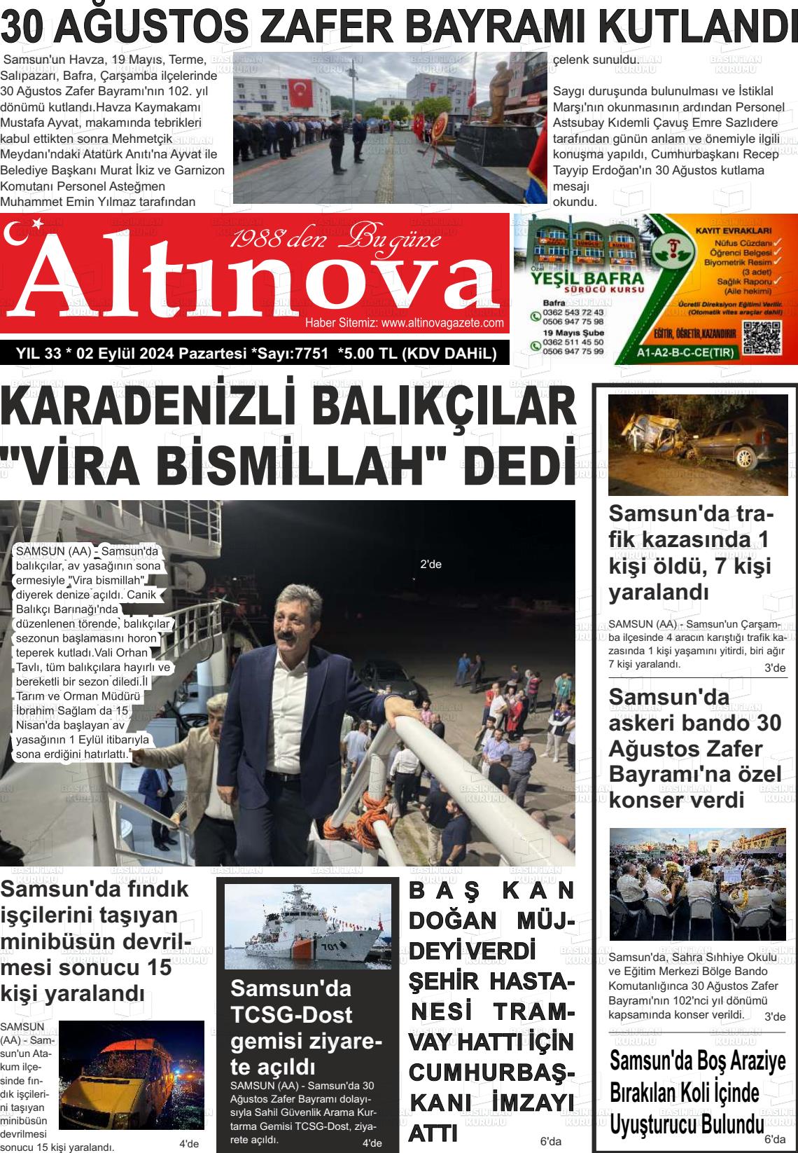 02 Eylül 2024 Altınova Gazete Manşeti