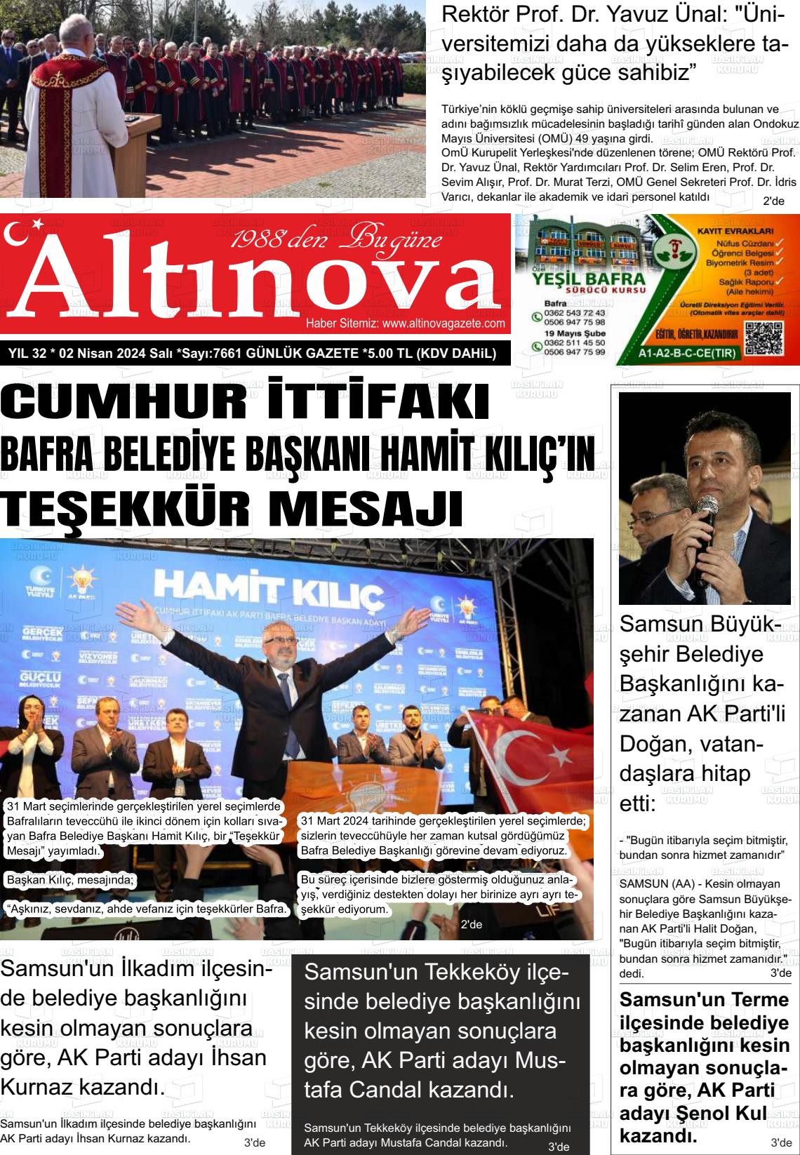 02 Nisan 2024 Altınova Gazete Manşeti