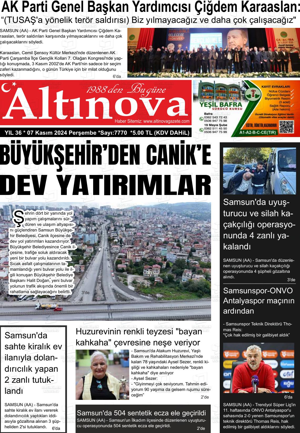 07 Kasım 2024 Altınova Gazete Manşeti