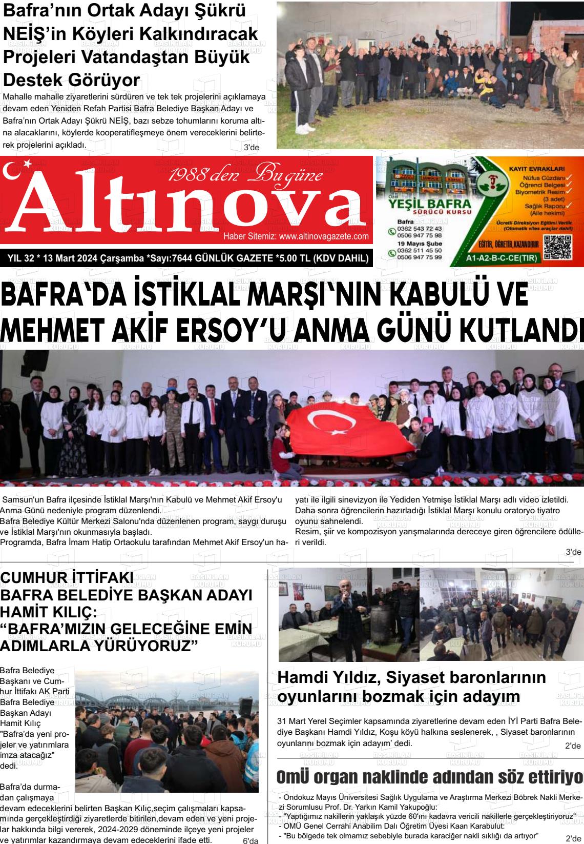 13 Mart 2024 Altınova Gazete Manşeti