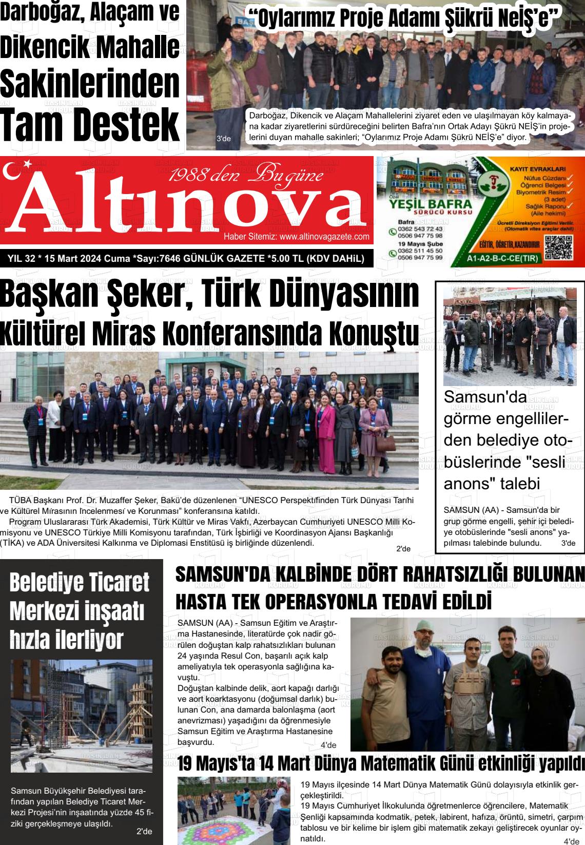 15 Mart 2024 Altınova Gazete Manşeti