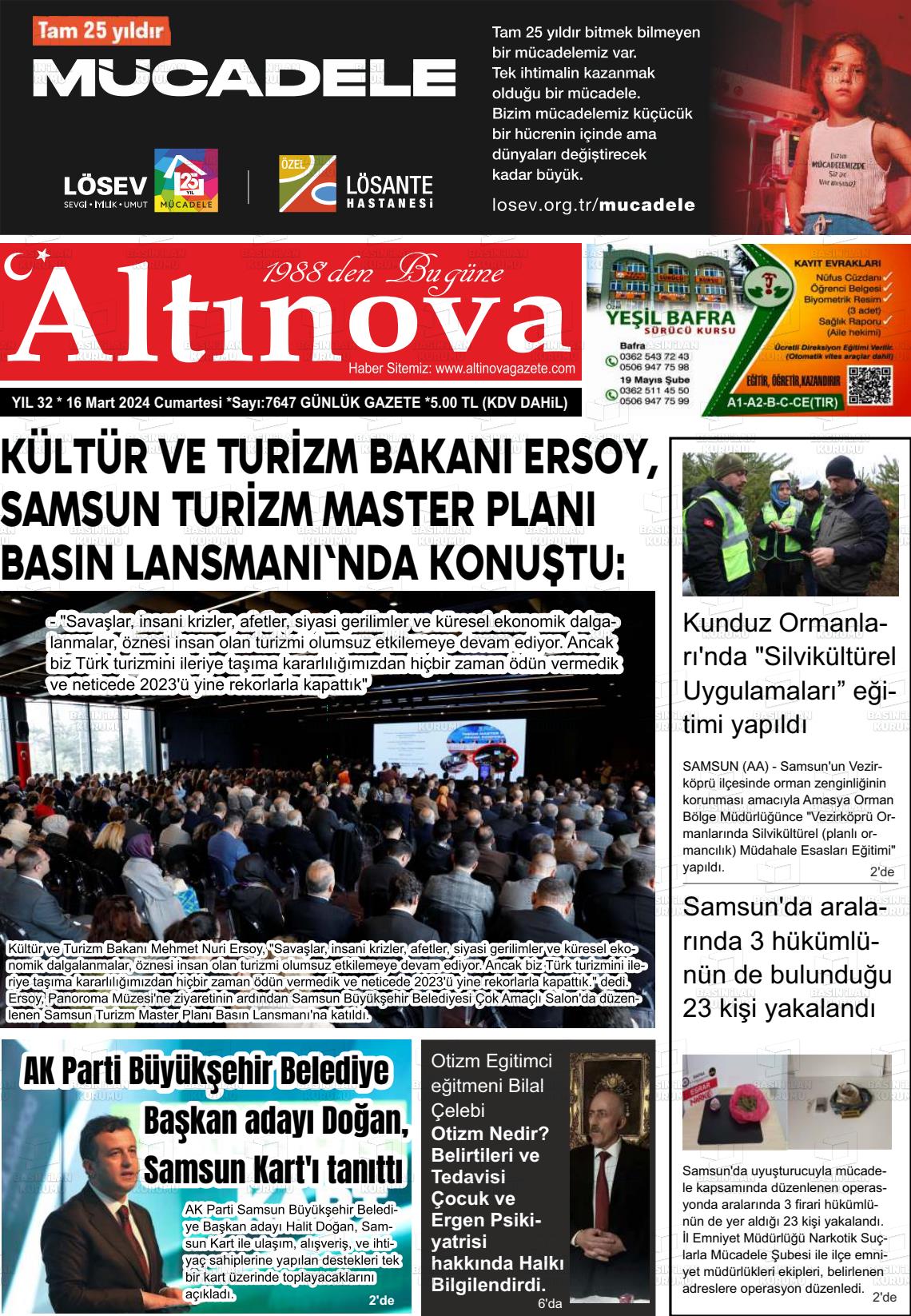 16 Mart 2024 Altınova Gazete Manşeti