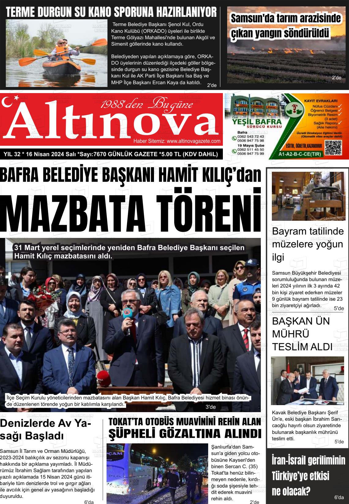 16 Nisan 2024 Altınova Gazete Manşeti