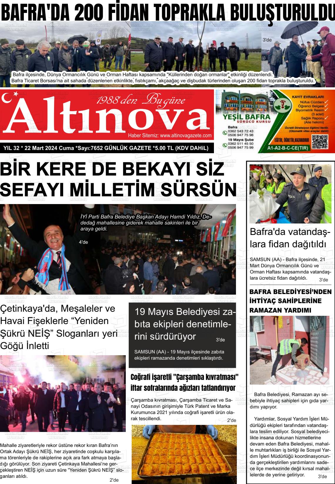 22 Mart 2024 Altınova Gazete Manşeti