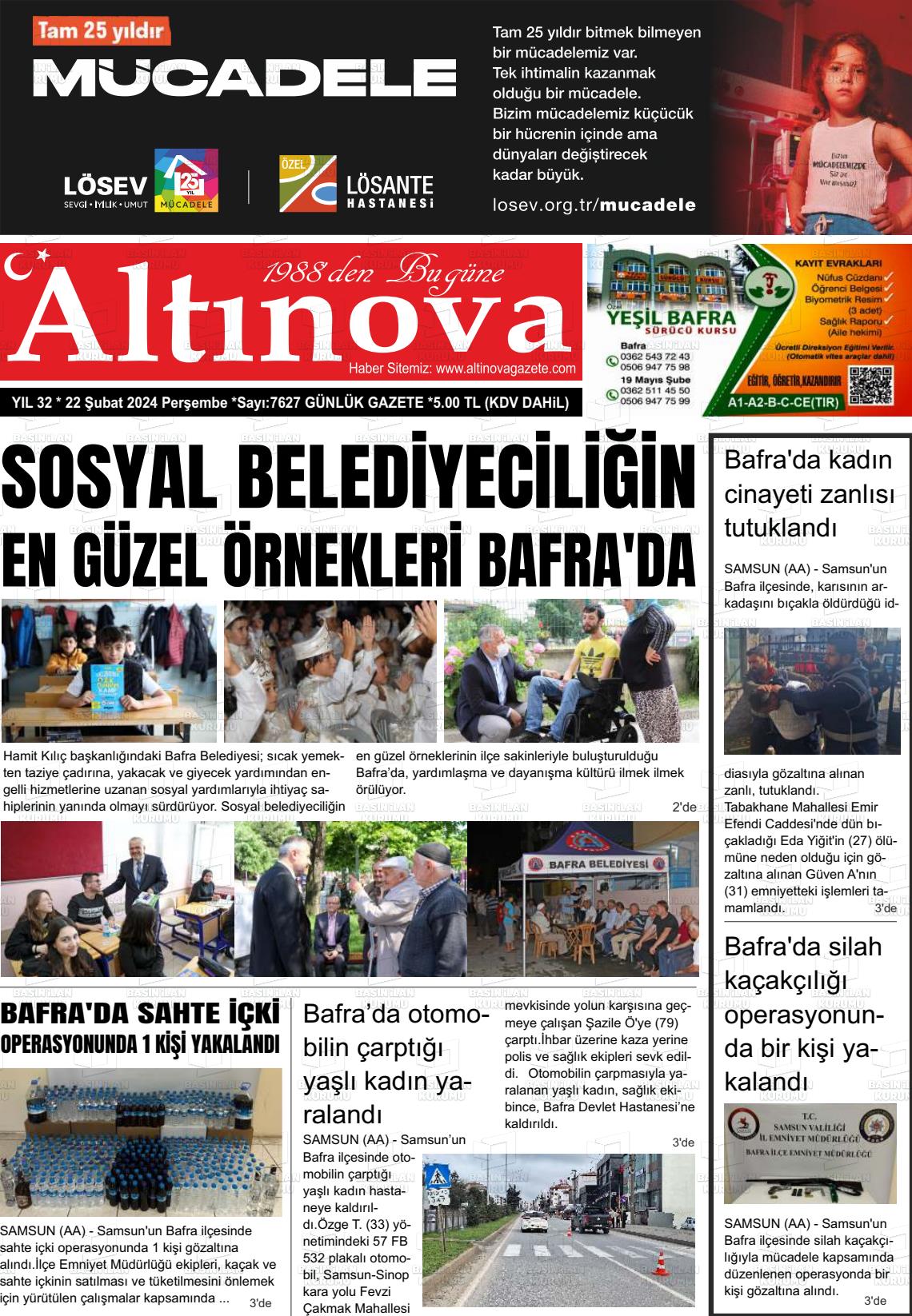 22 Şubat 2024 Altınova Gazete Manşeti