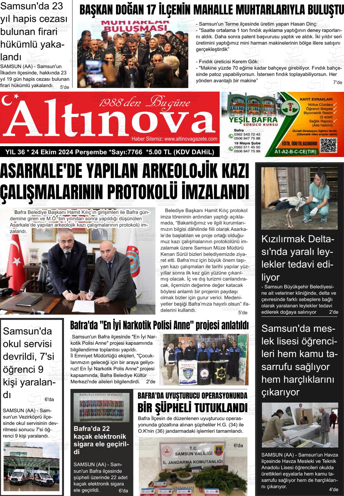 24 Ekim 2024 Altınova Gazete Manşeti