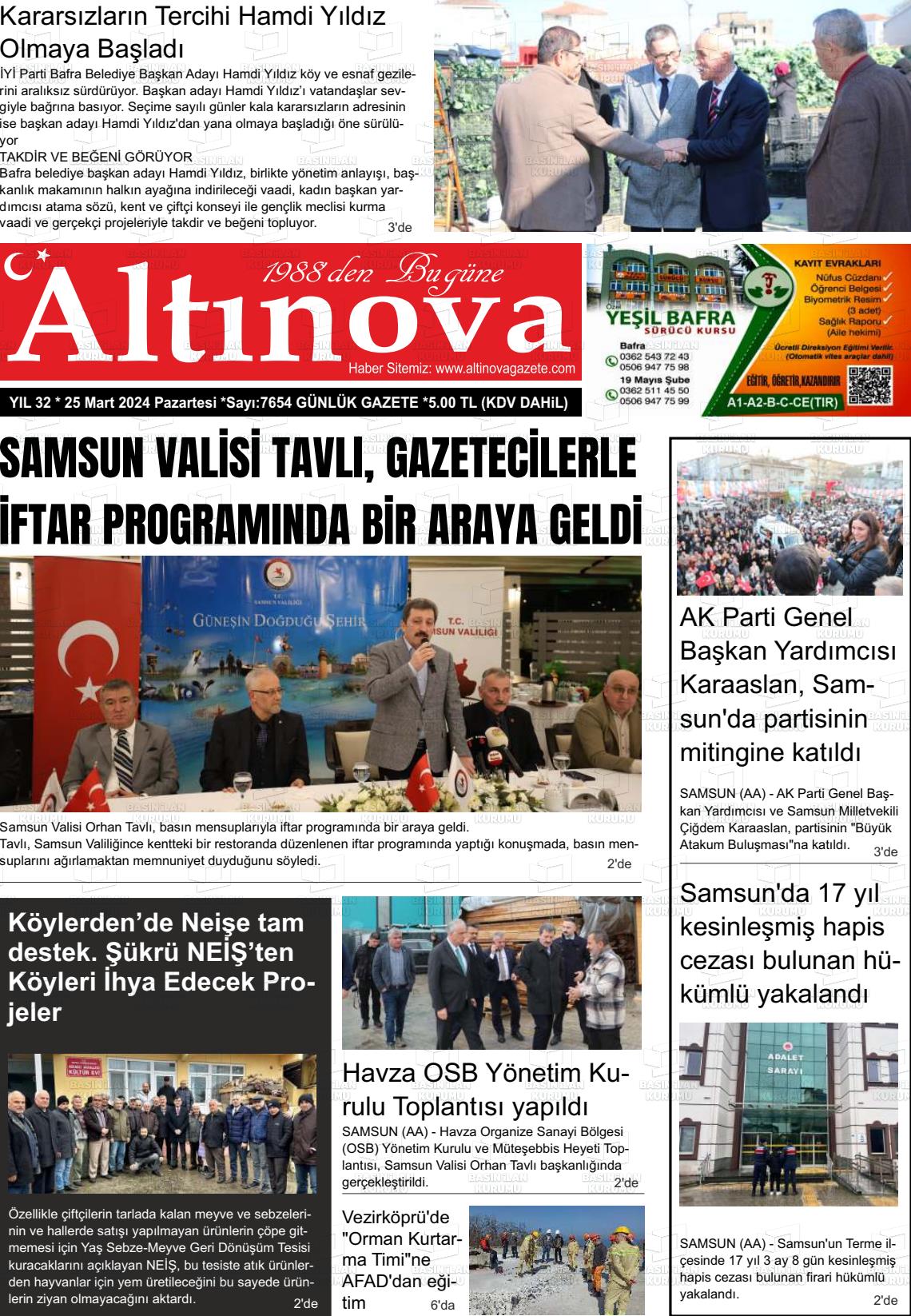 25 Mart 2024 Altınova Gazete Manşeti