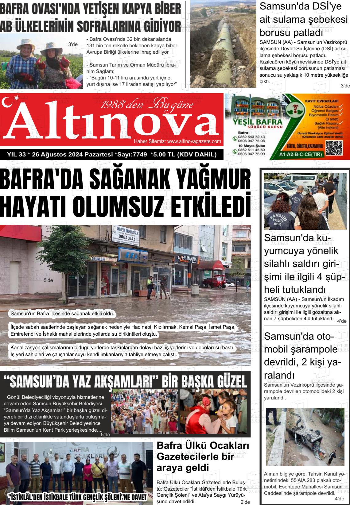 26 Ağustos 2024 Altınova Gazete Manşeti