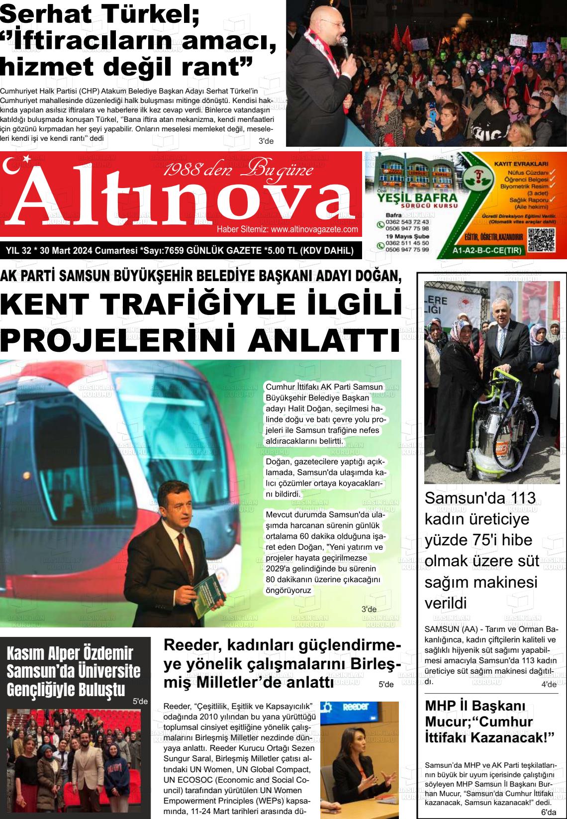 30 Mart 2024 Altınova Gazete Manşeti