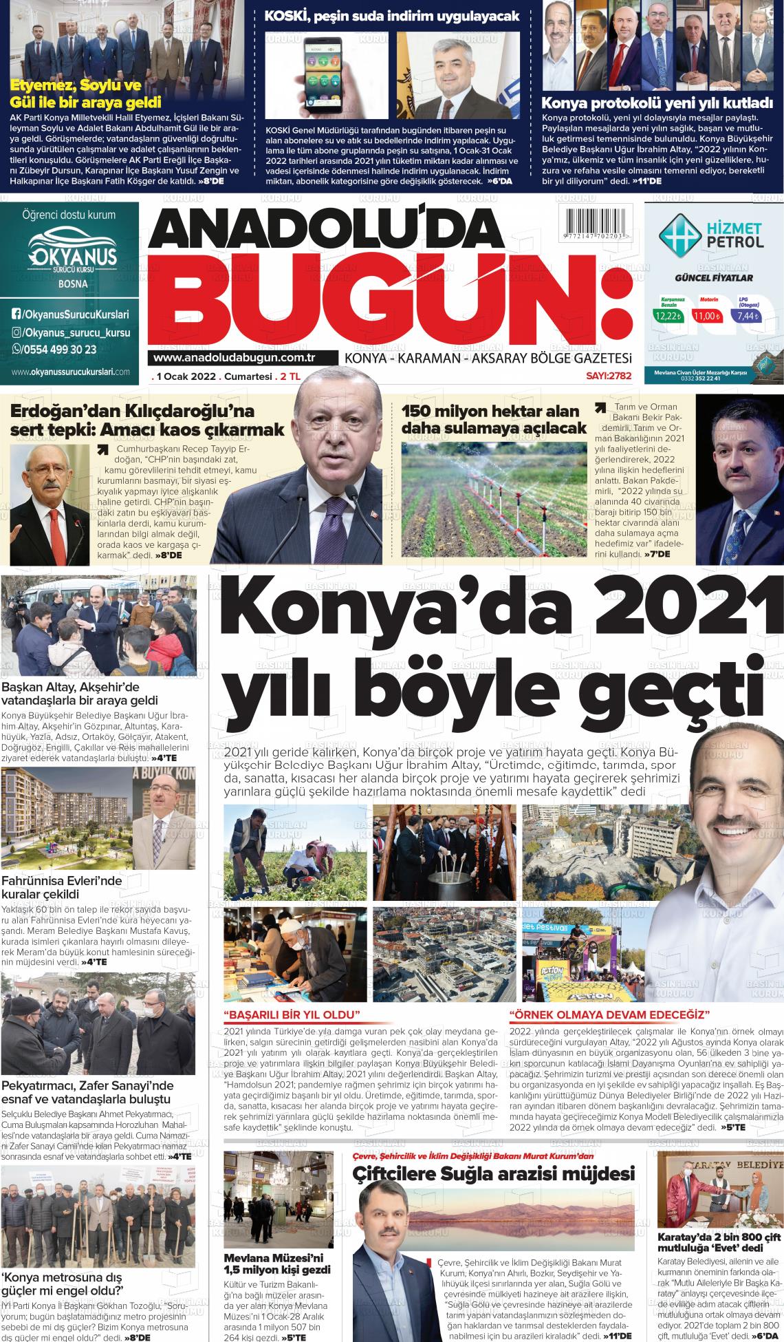 01 Ocak 2022 Anadolu'da Bugün Gazete Manşeti